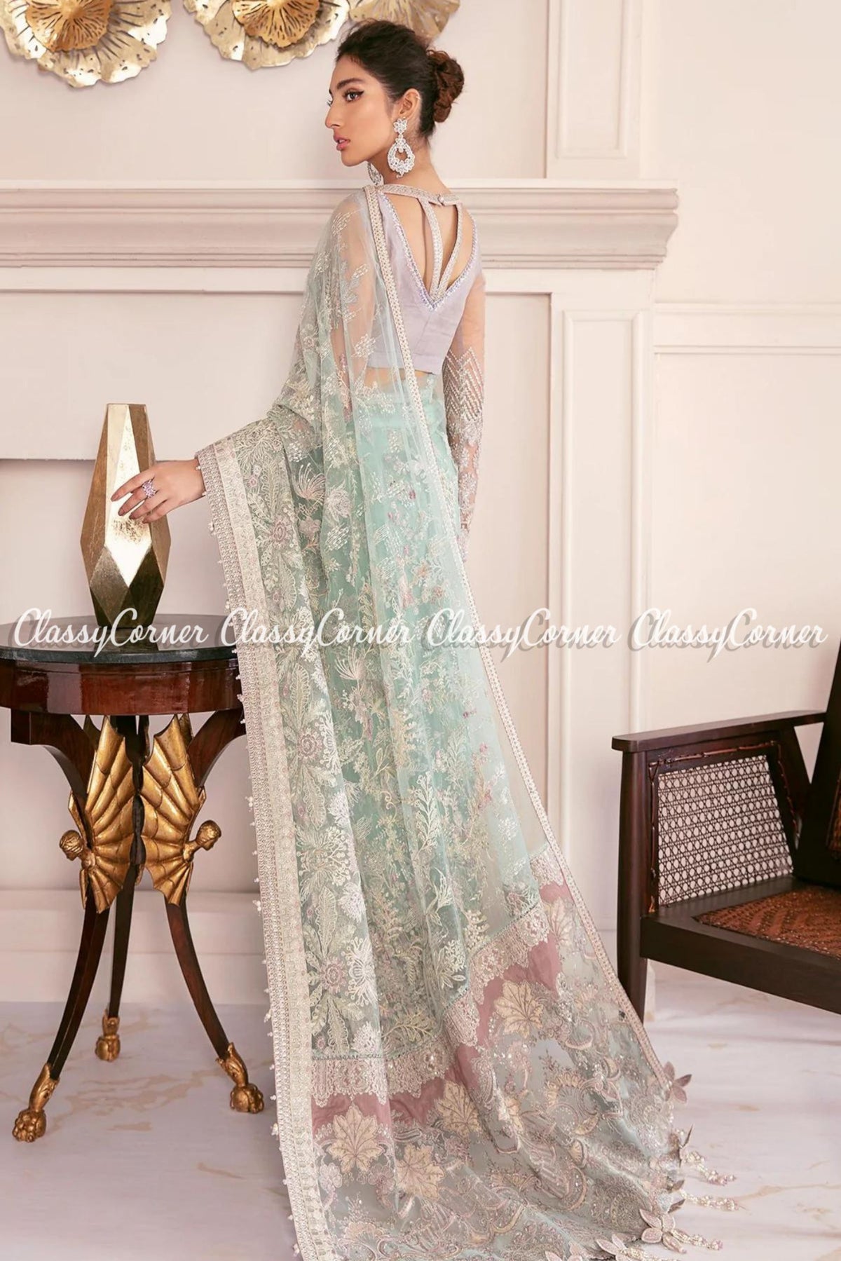 Sea Blue Lilac Net Embroidered Party Gown Saree Outfits