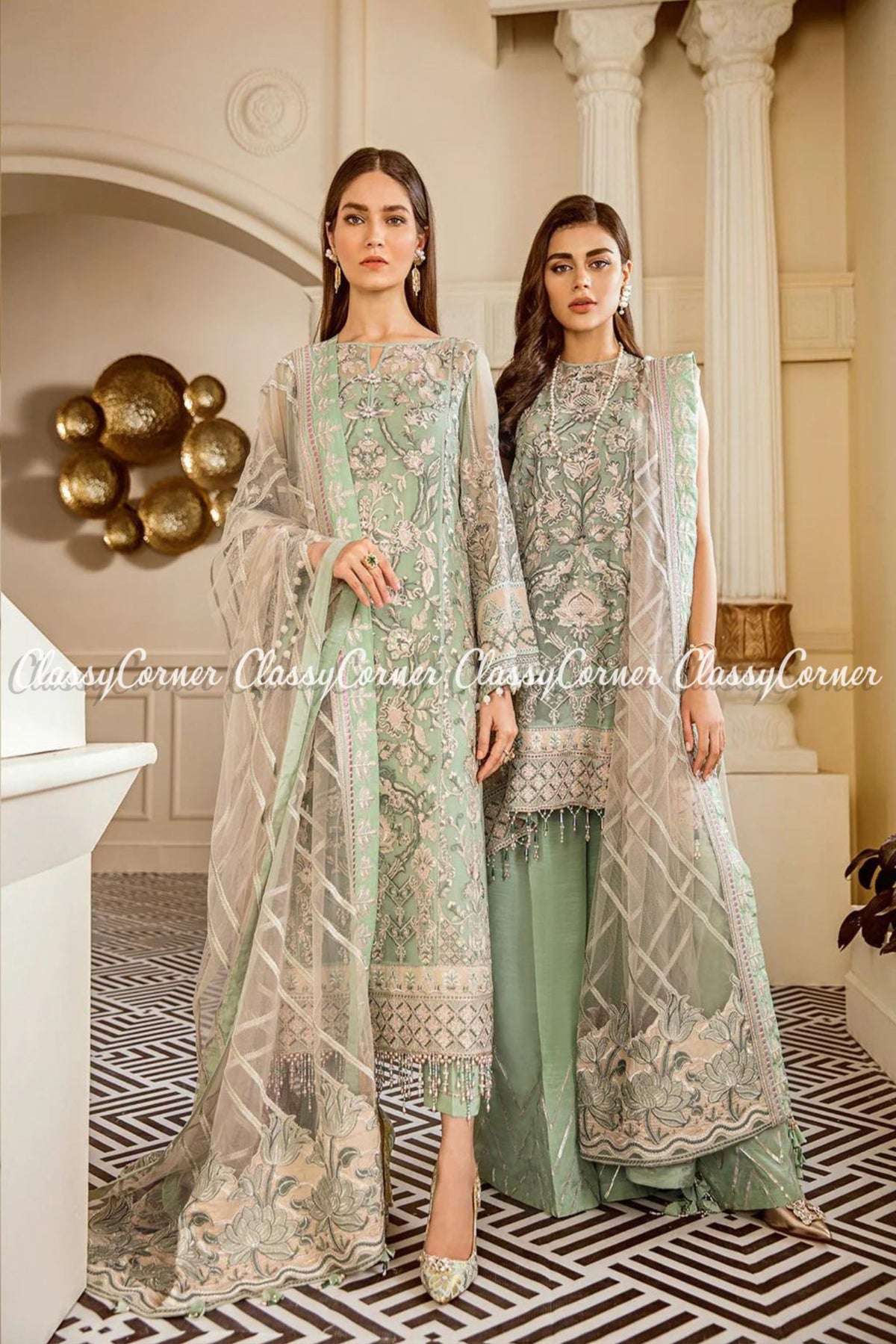 Pakistani Sea Green White Net Embroidered Salwar Kameez