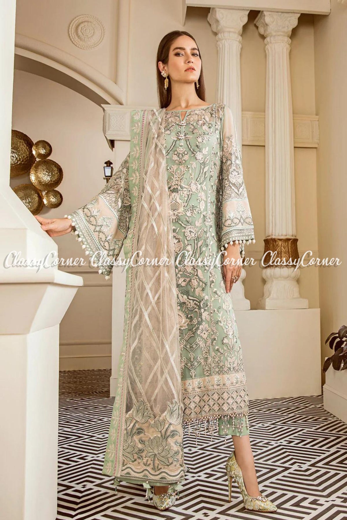 Pakistani Sea Green White Net Embroidered Salwar Kameez