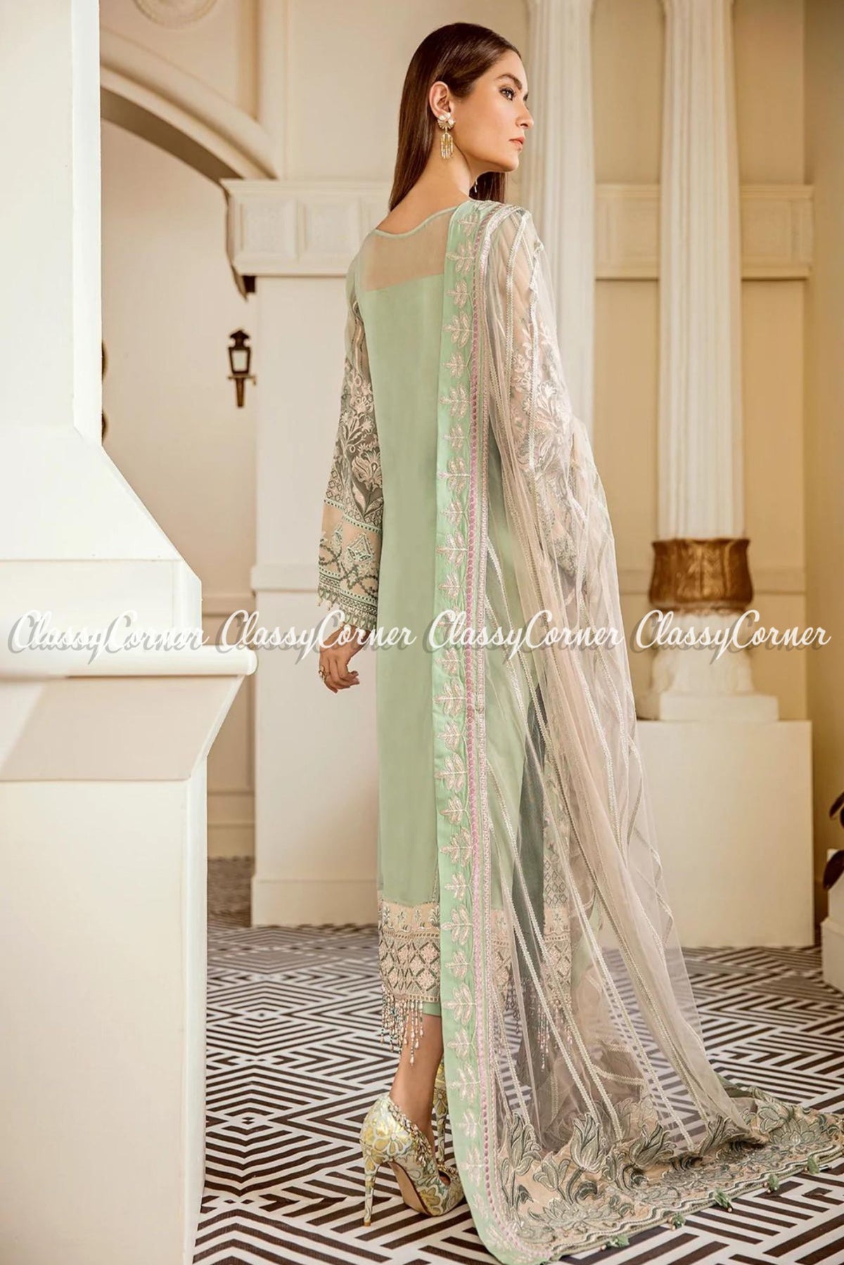 Pakistani Sea Green White Net Embroidered Salwar Kameez