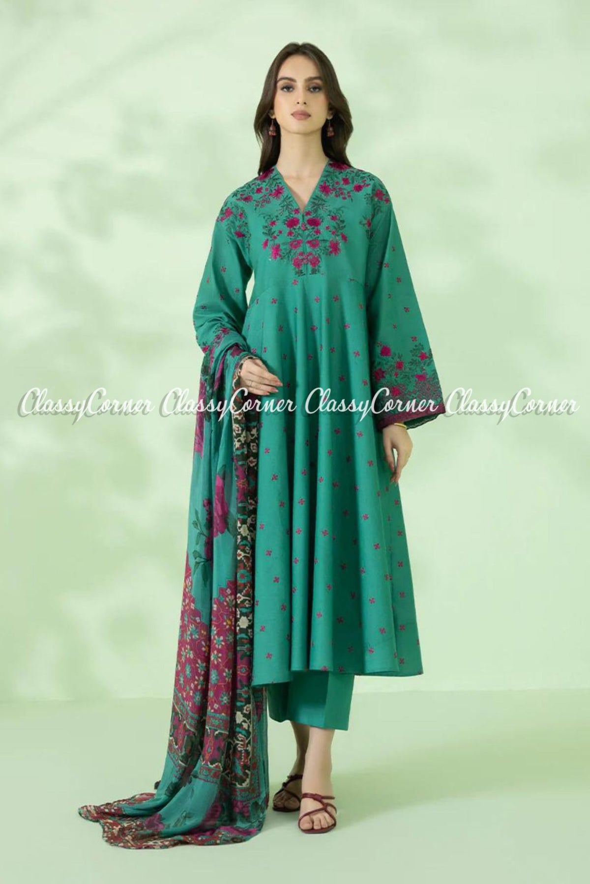 Sea Green Purple Lawn Embroidered Formal Wear 3 Piece Dress