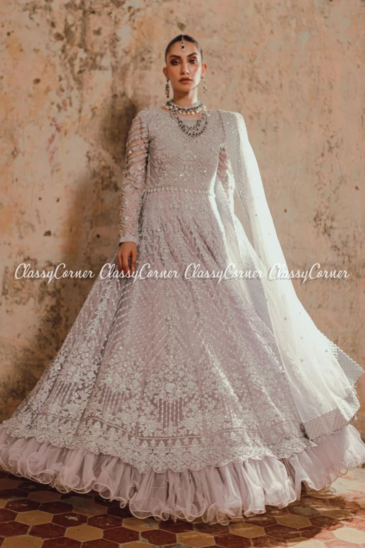 Silver Grey Net Embellished Bridal Wear Gown