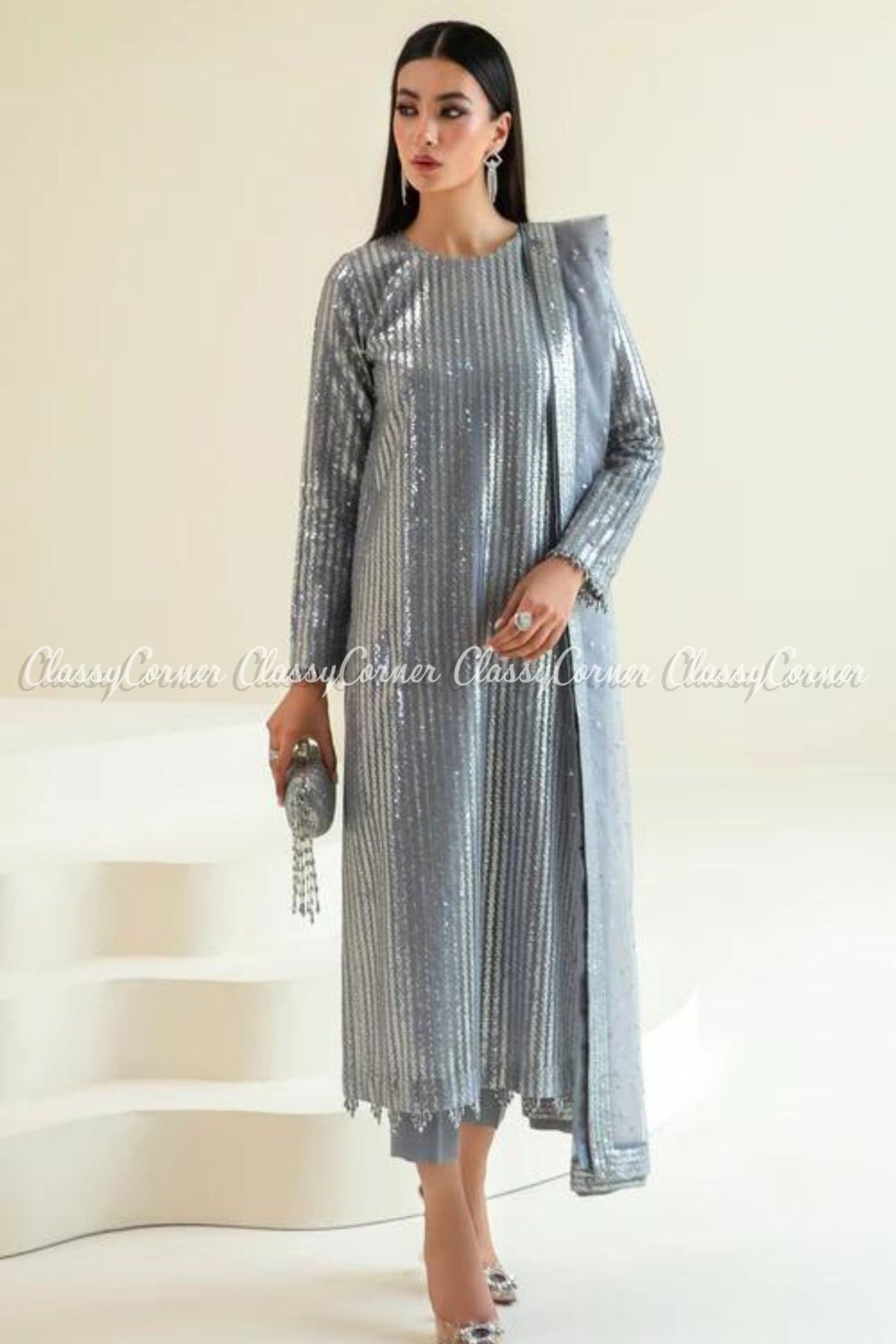 Silver Grey Net Embroidered Party Wear Salwar Kameez