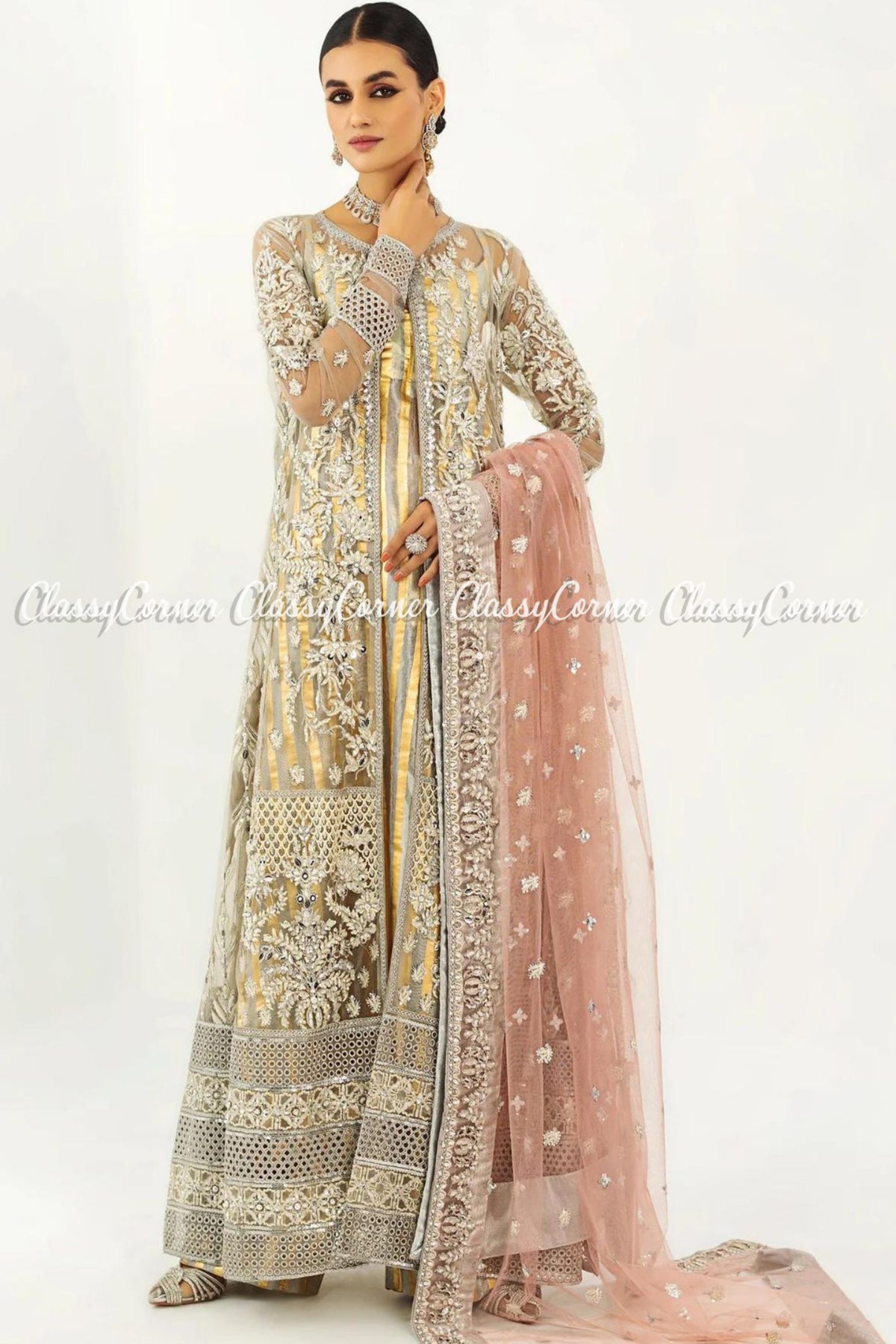 Silver Golden Pink Net Embellished Party Wear Gown Dress