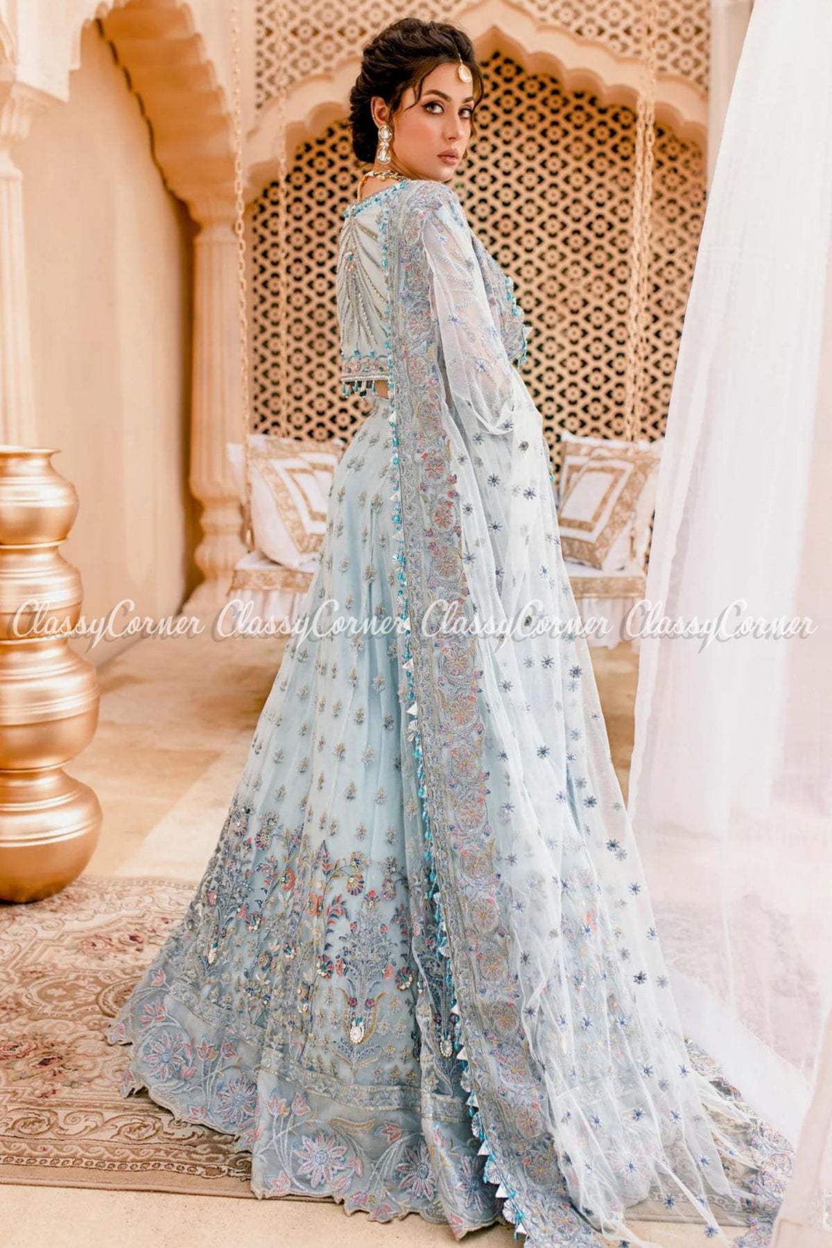 Sky Blue Net Embellished Wedding Wear Lehenga Choli