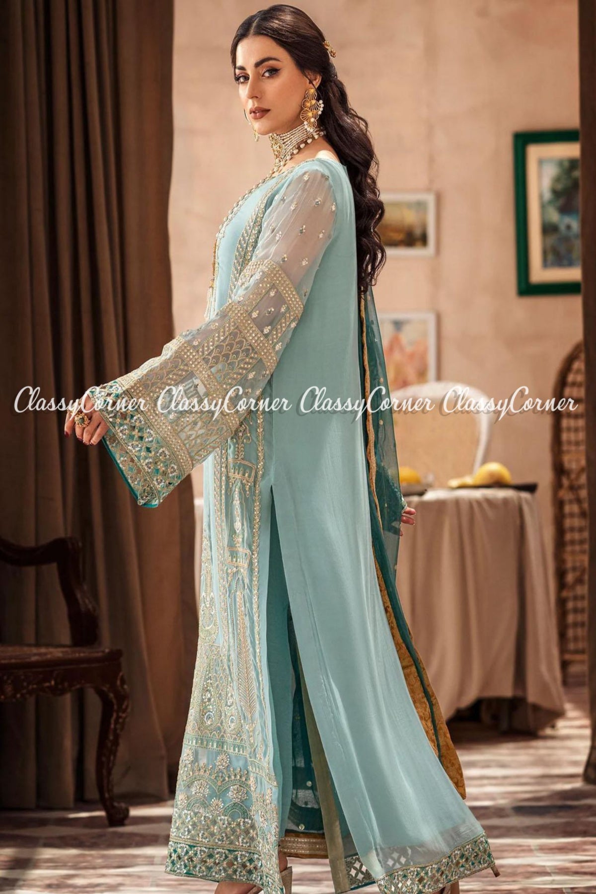 Sky Blue Golden Chiffon Embroidered Party Wear Salwar Kameez