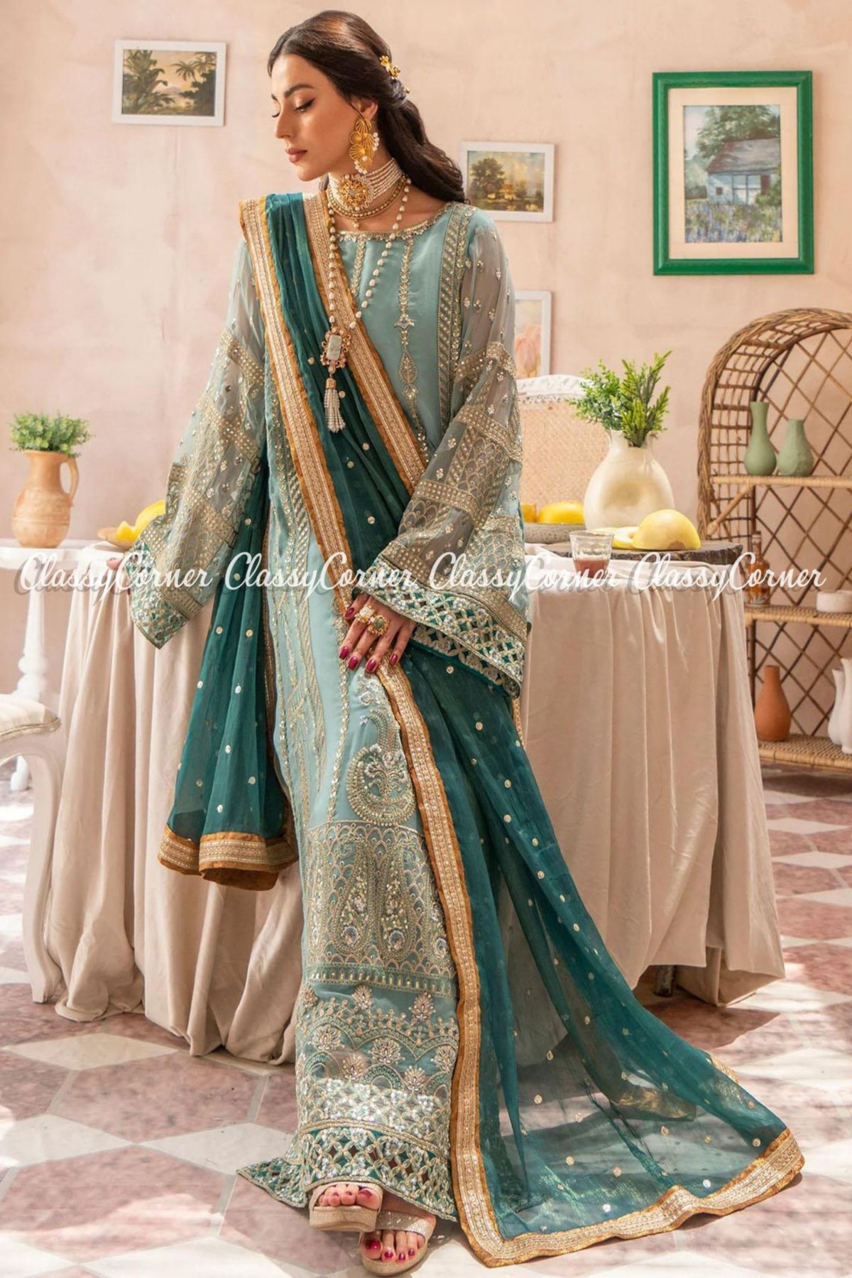 Sky Blue Golden Chiffon Embroidered Party Wear Salwar Kameez