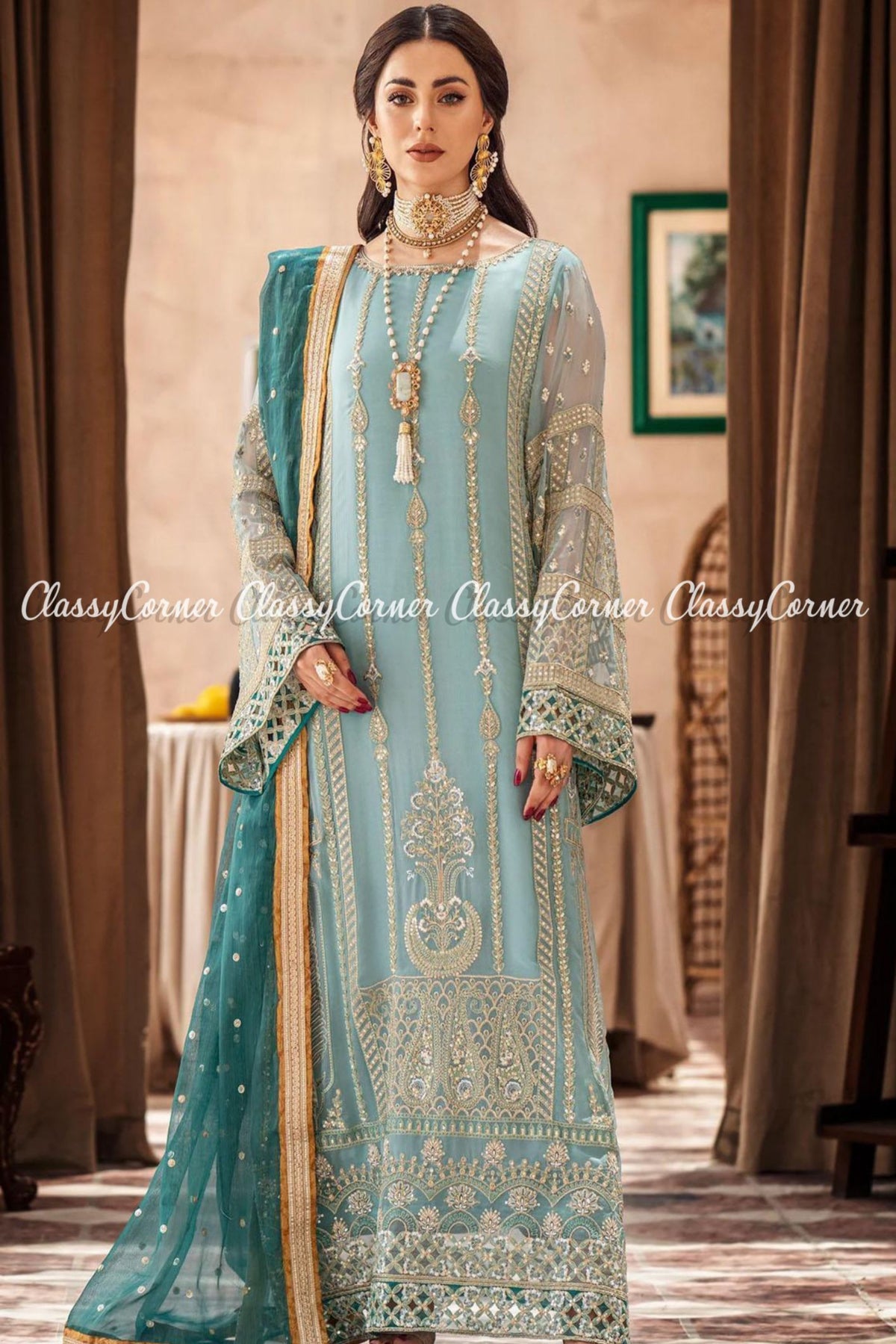 Sky Blue Golden Chiffon Embroidered Party Wear Salwar Kameez