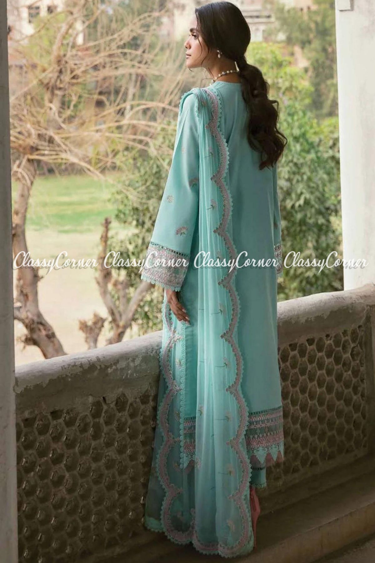 Sky Blue Lawn Embroidered Pakistani Salwar kameez