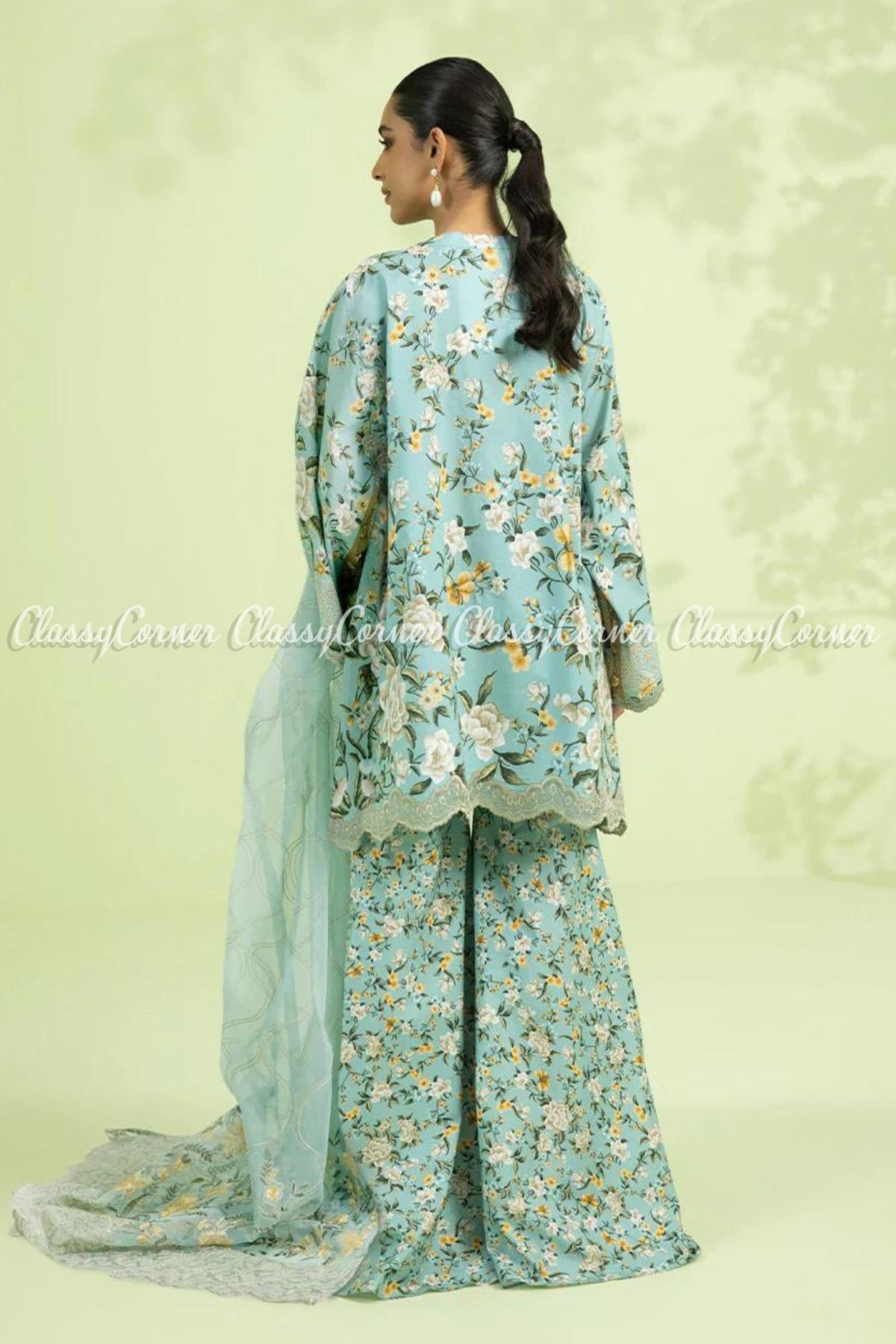 Sky Blue Yellow Floral Embroidered Festive Wear Sharara Dress