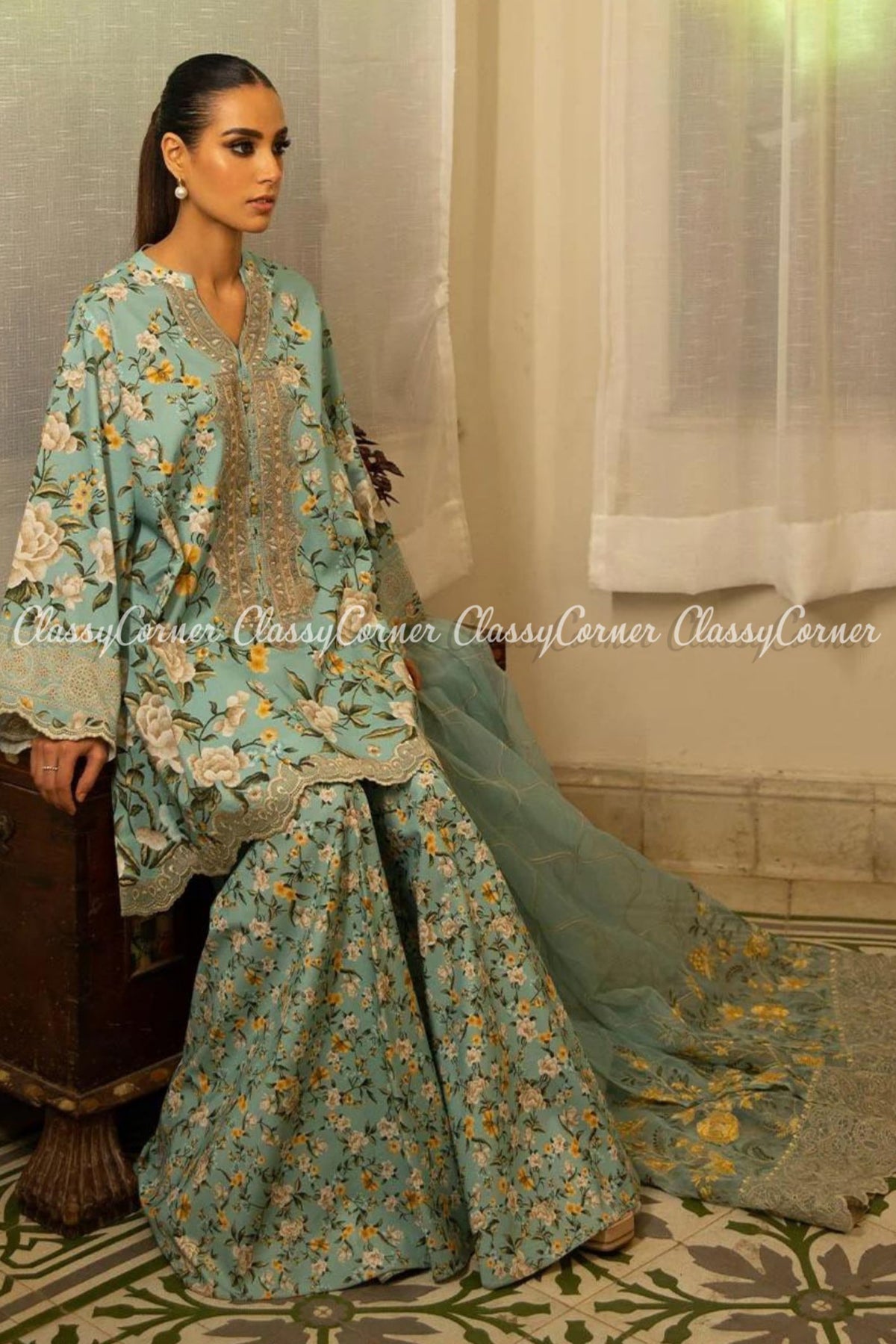 Sky Blue Yellow Floral Embroidered Festive Wear Sharara Dress