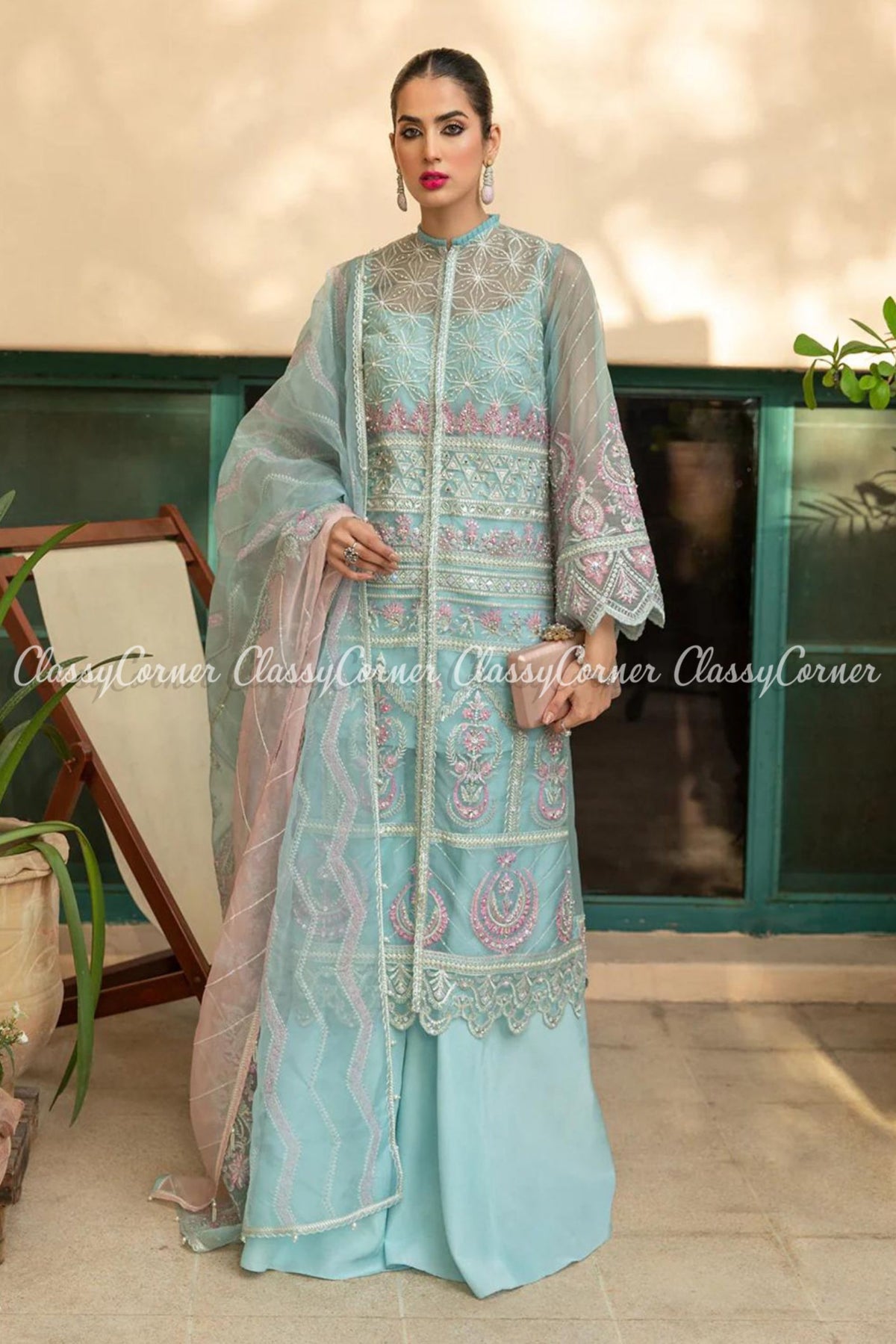 Sky Blue Pink Organza Embroidered Party Wear Sharara Dress