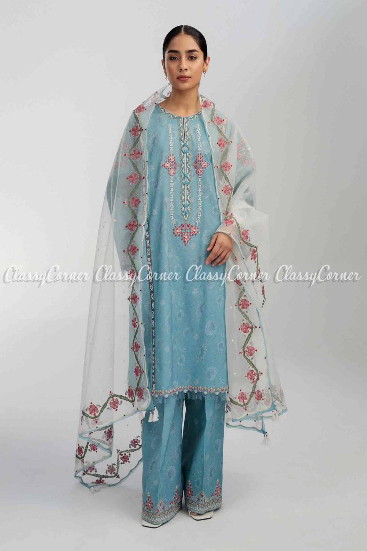 Sky Blue Embroidered Lawn Formal Wear Salwar Kameez