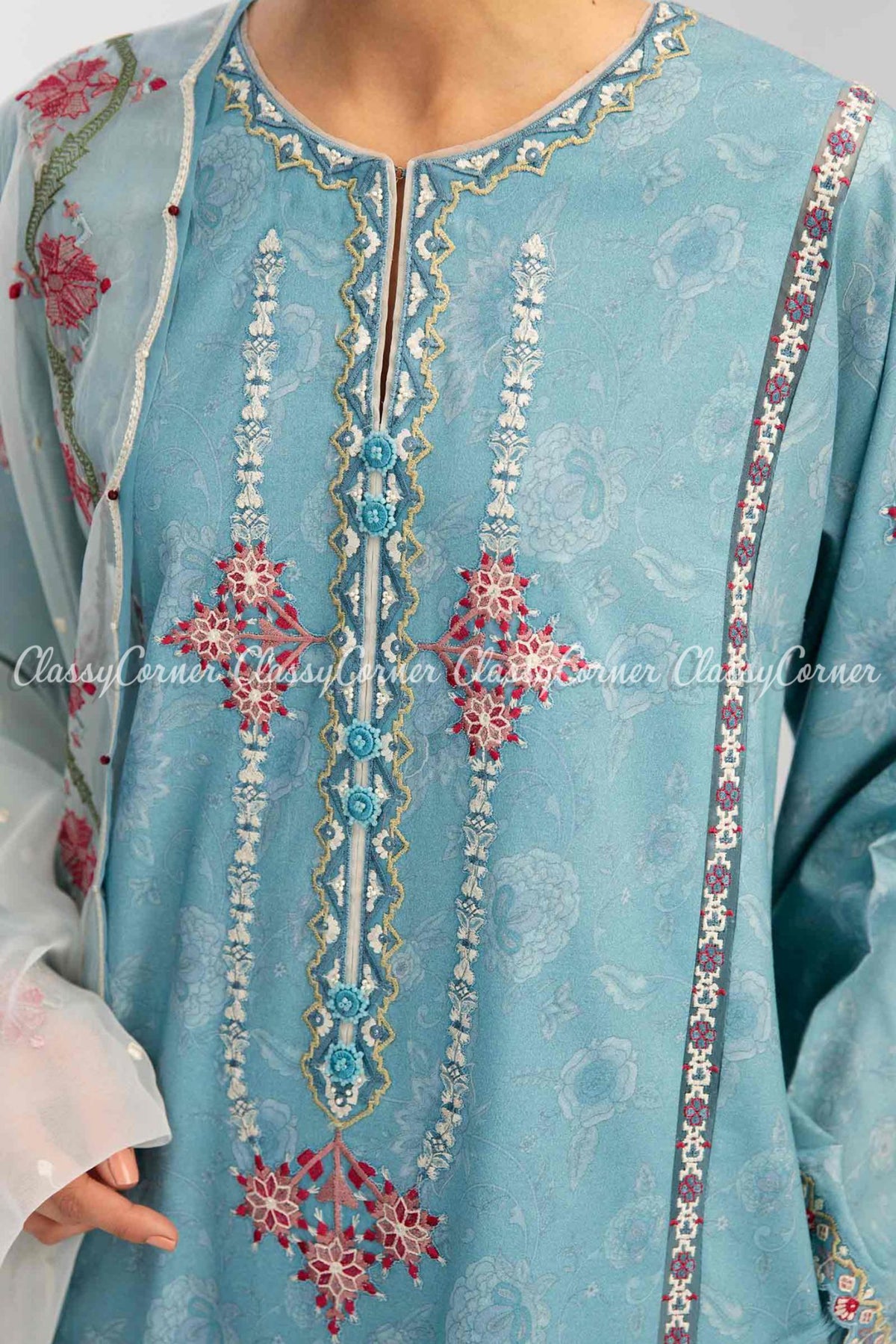 Sky Blue Embroidered Lawn Formal Wear Salwar Kameez