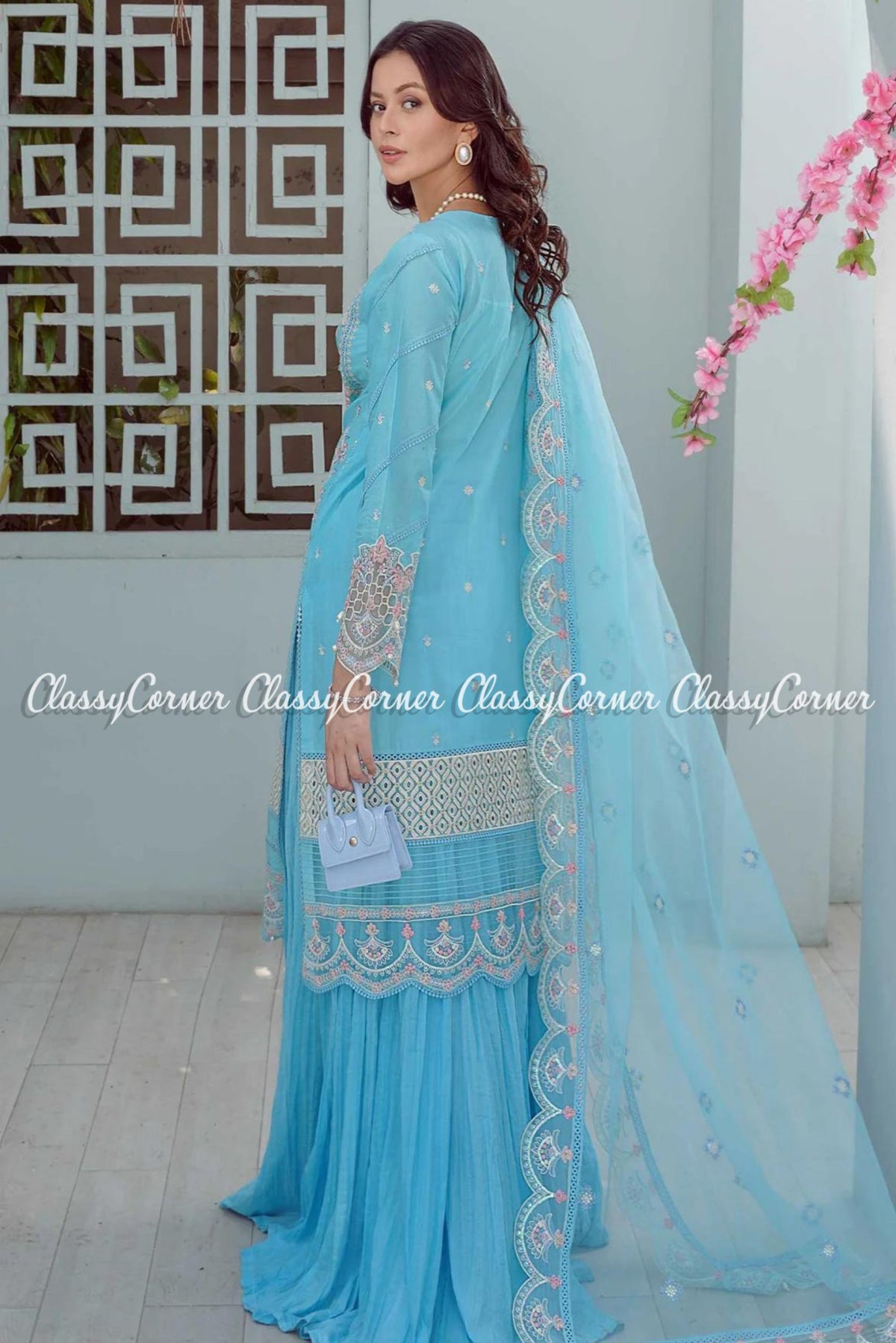 Sky Blue White Lawn Embroidered Formal Wear Sharara Outfit