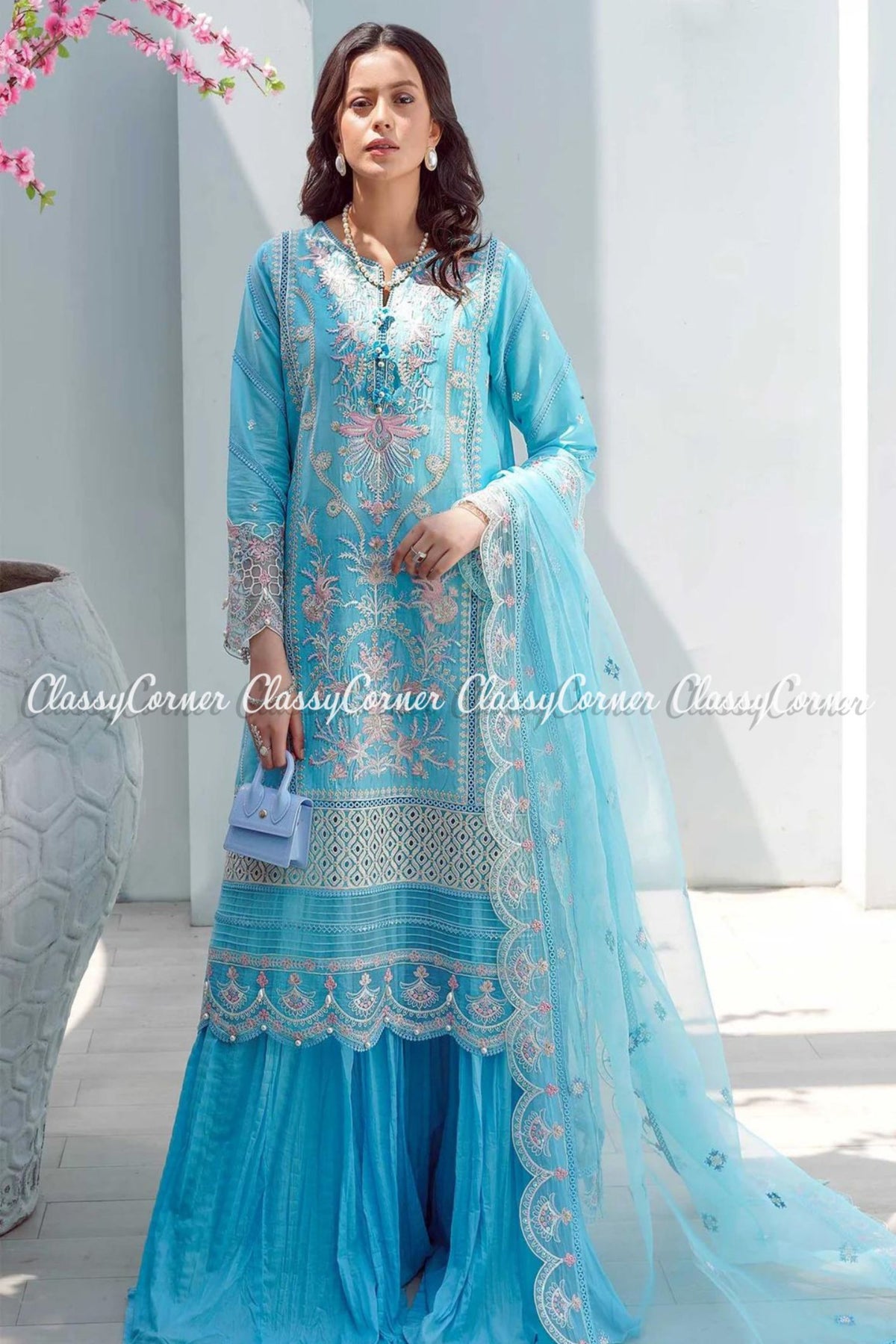 Sky Blue White Lawn Embroidered Formal Wear Sharara Outfit