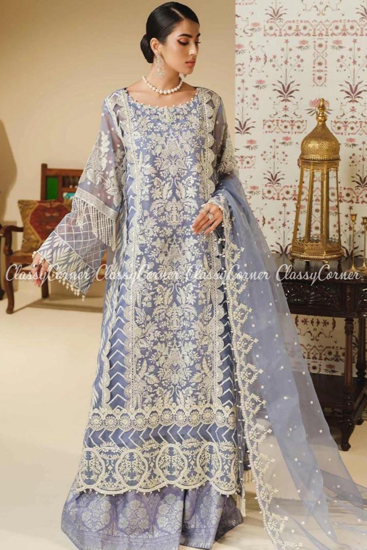 Sky Blue White Organza Embroidered Pakistani Salwar Kameez