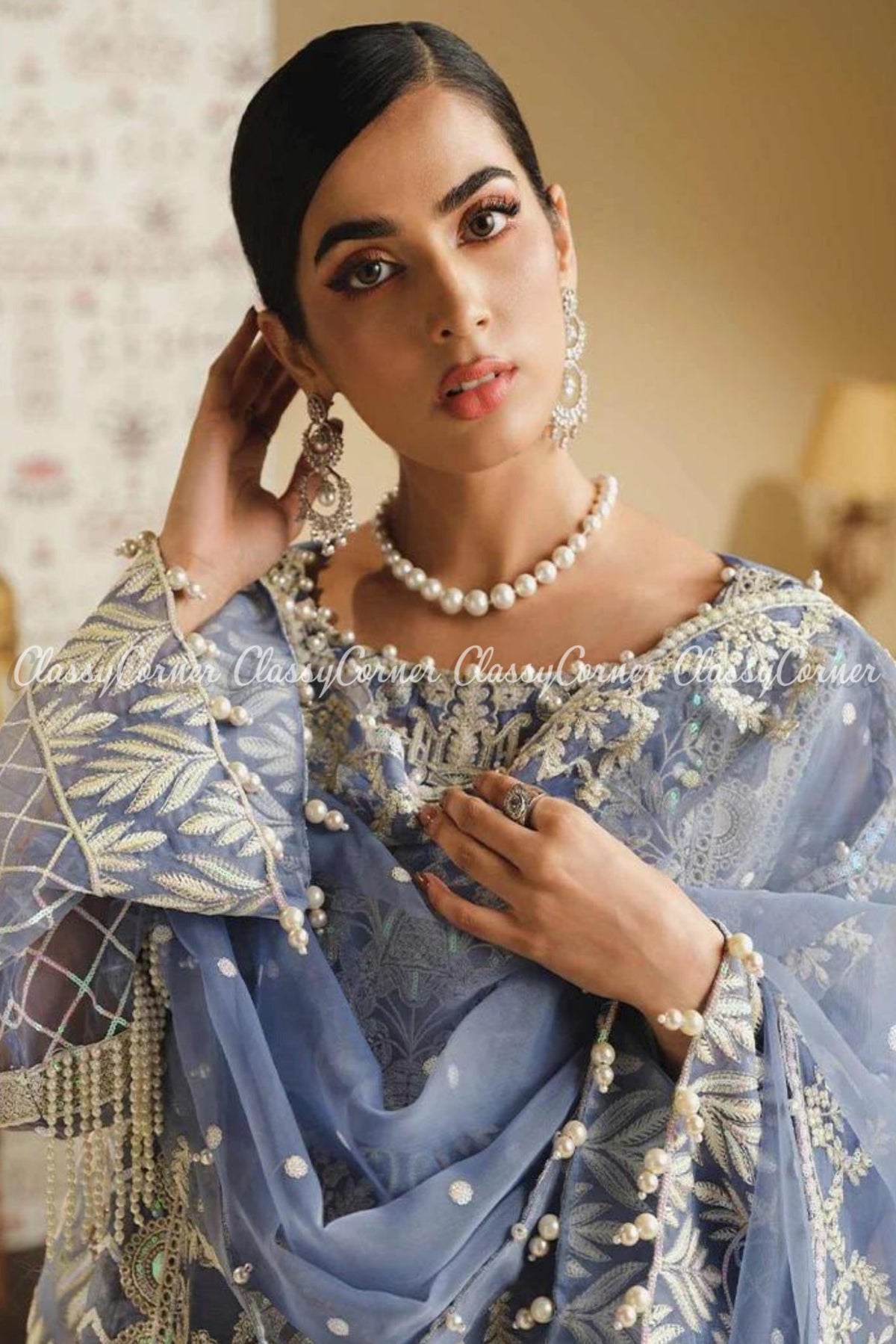 Sky Blue White Organza Embroidered Pakistani Salwar Kameez