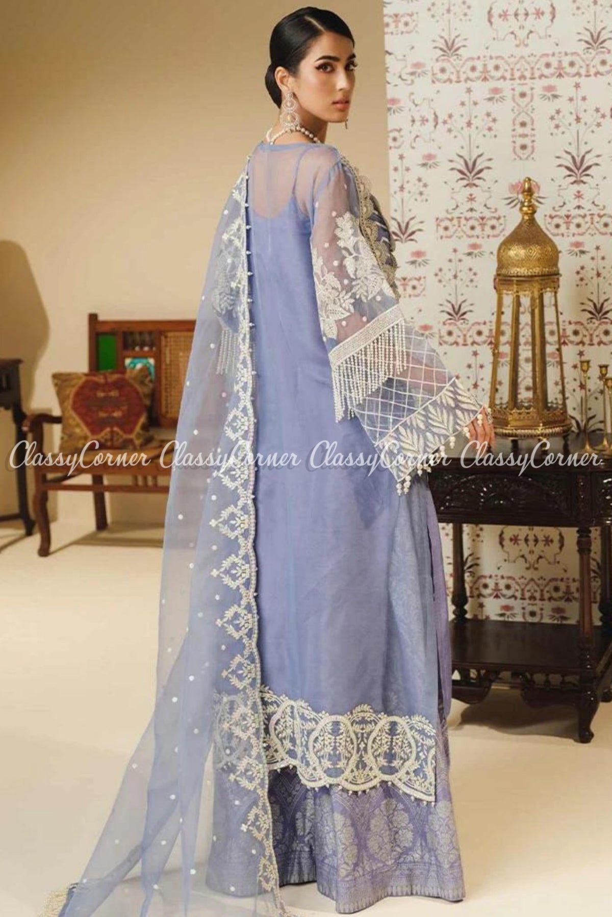 Sky Blue White Organza Embroidered Pakistani Salwar Kameez