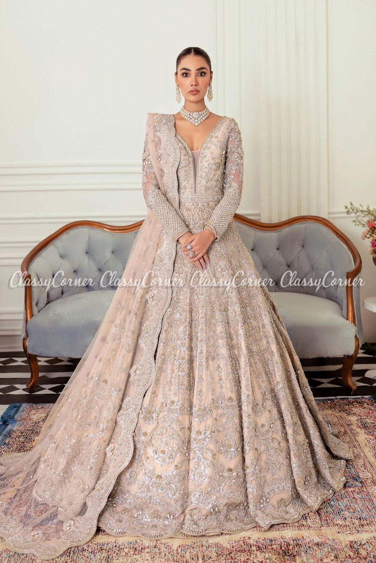 Soft Beige Embellished Bridal Wear Gown Dress