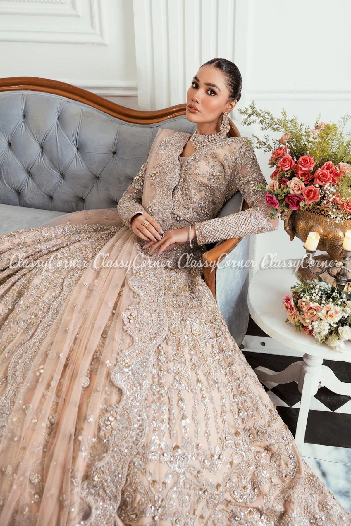 Soft Beige Embellished Bridal Wear Gown Dress