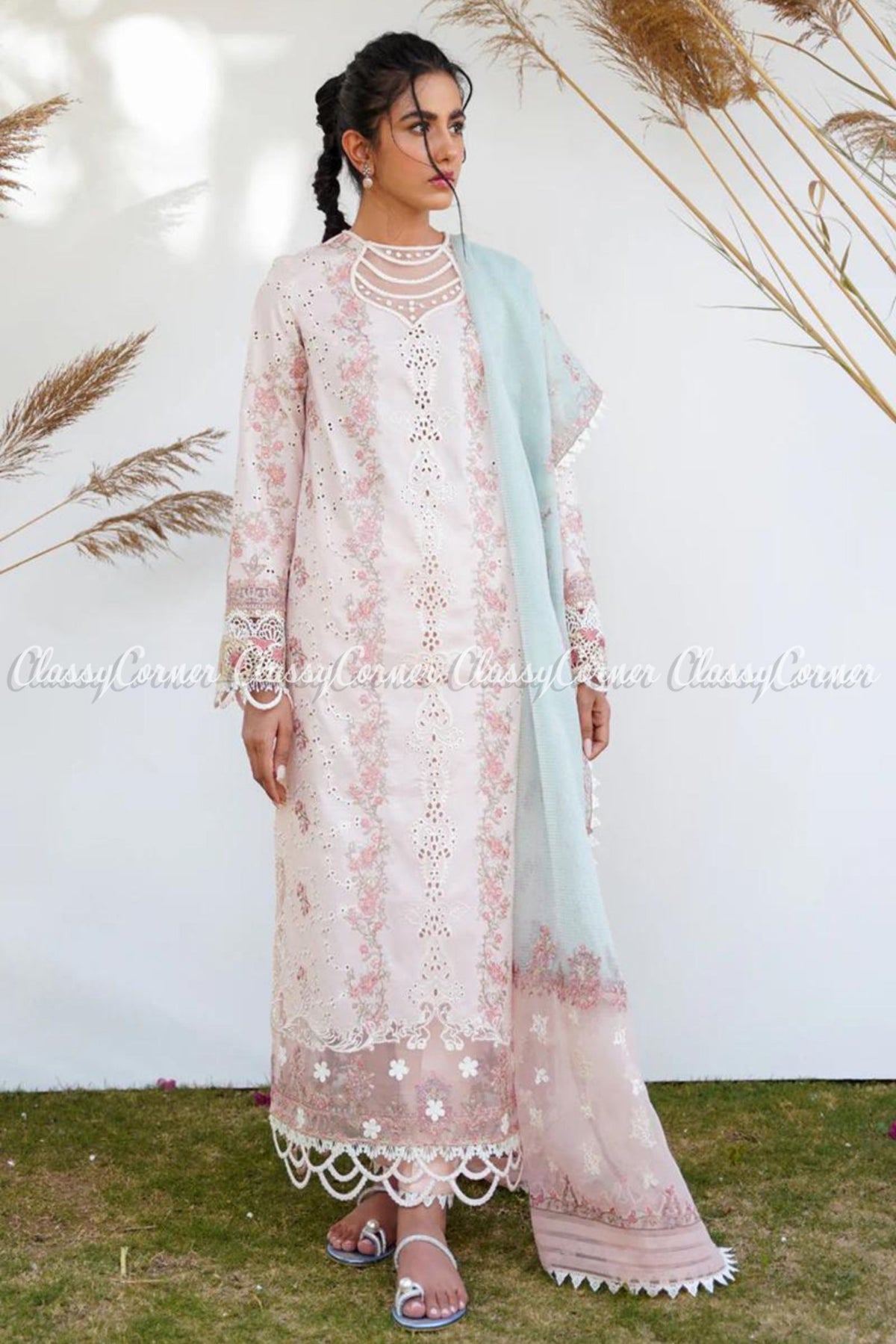 Soft Pink Blue Chikankari Embroidered Lawn Salwar Kameez