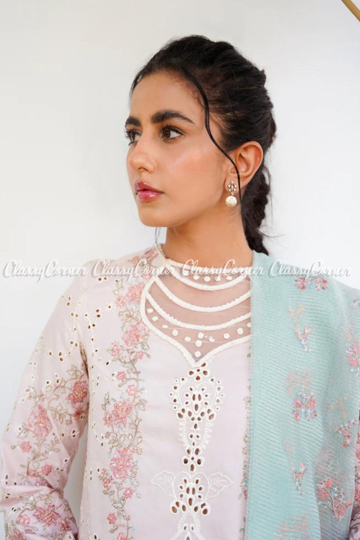 Soft Pink Blue Chikankari Embroidered Lawn Salwar Kameez