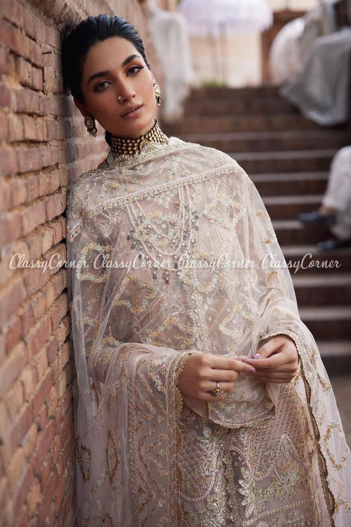 Soft Pink Golden Organza Embroidered Sharara Dress