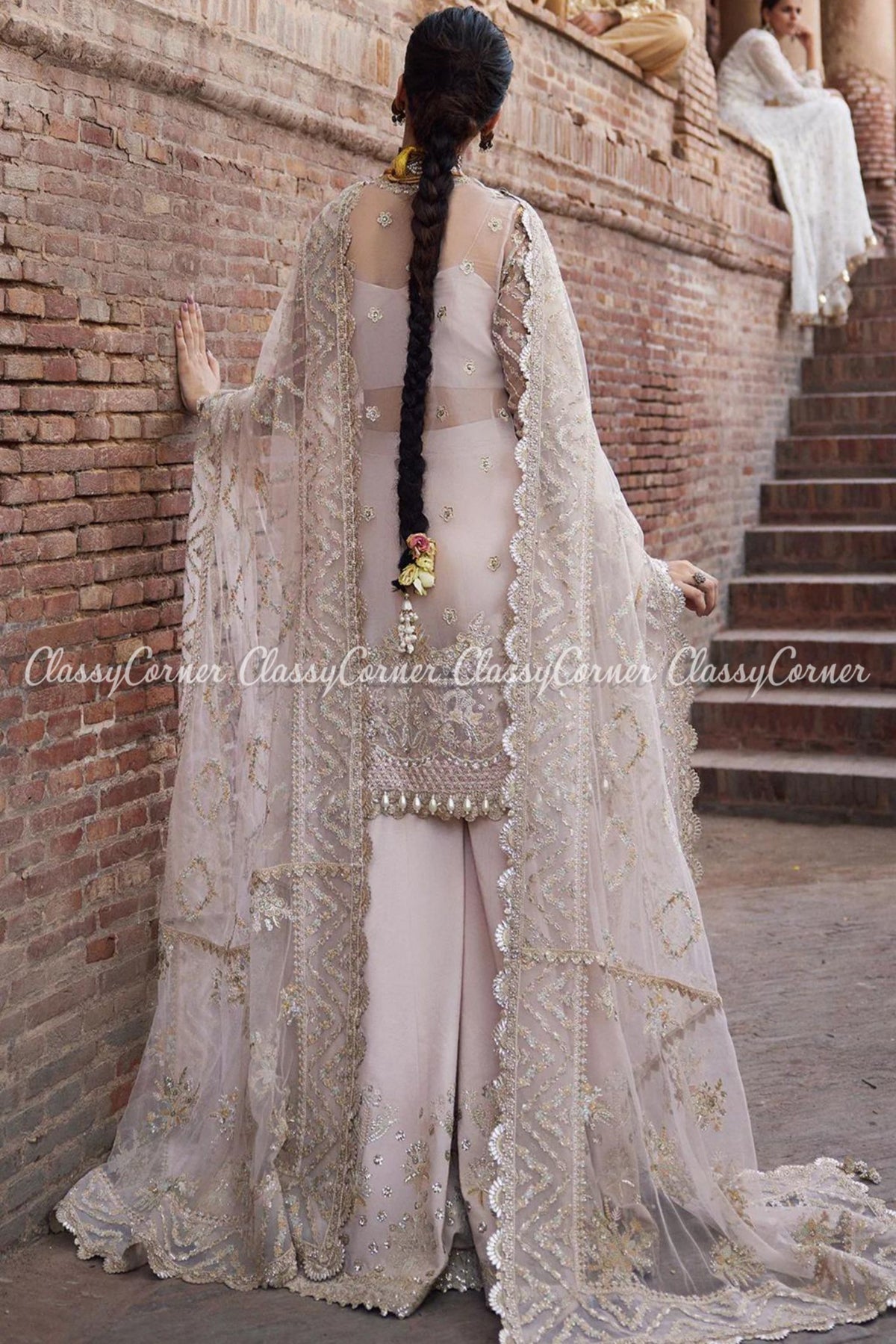 Soft Pink Golden Organza Embroidered Sharara Dress