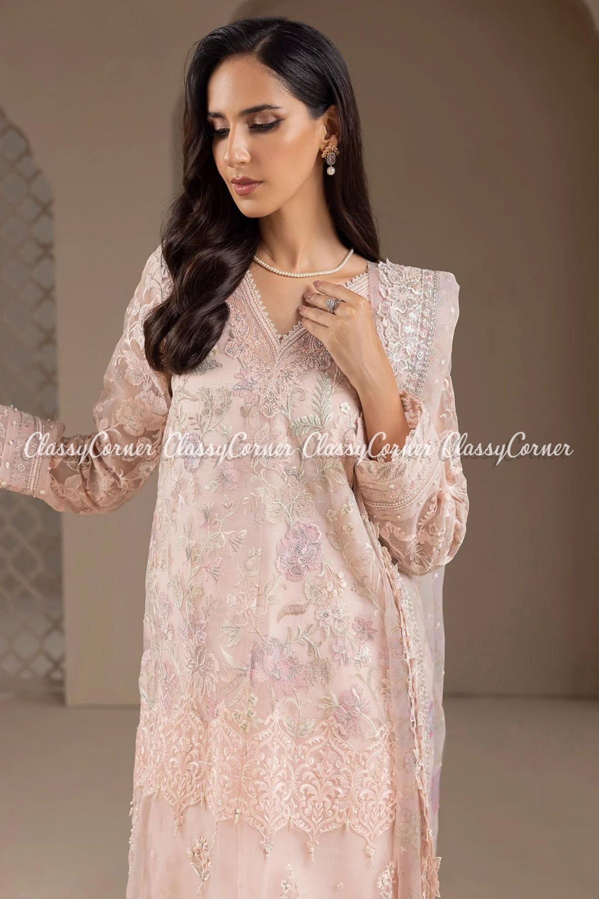 Soft Pink Organza Embroidered Party Wear Salwar Kameez