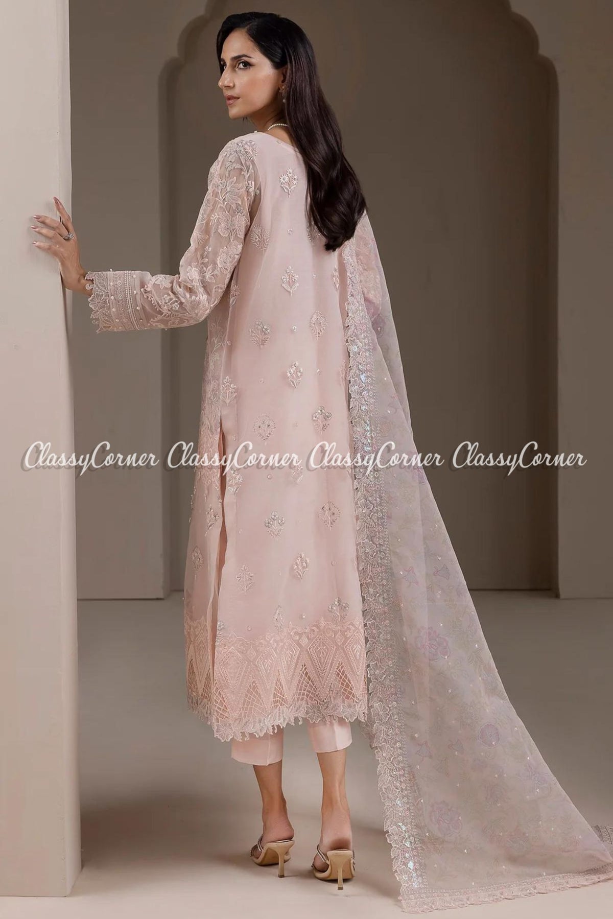 Soft Pink Organza Embroidered Party Wear Salwar Kameez