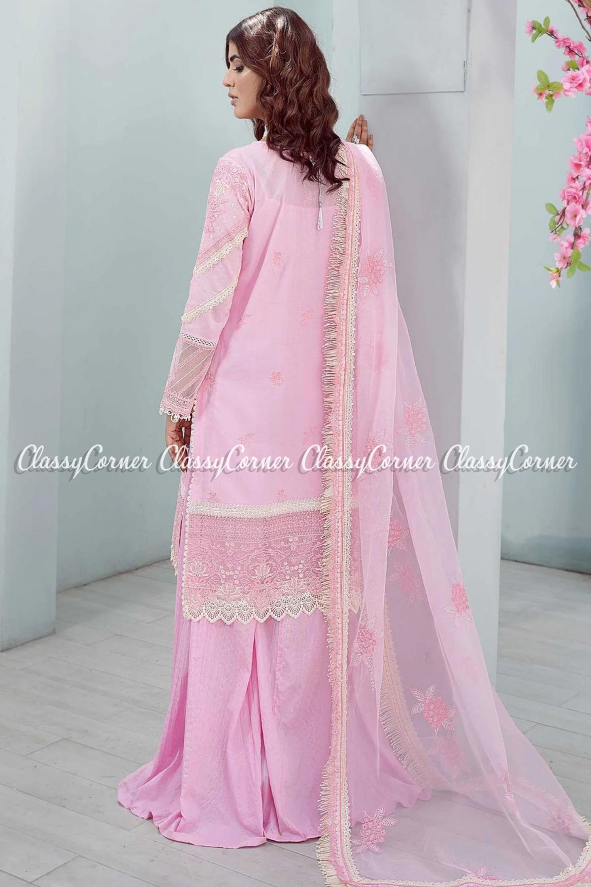 Tea Pink White Lawn Embroidered Formal Wear Sharara Outfit