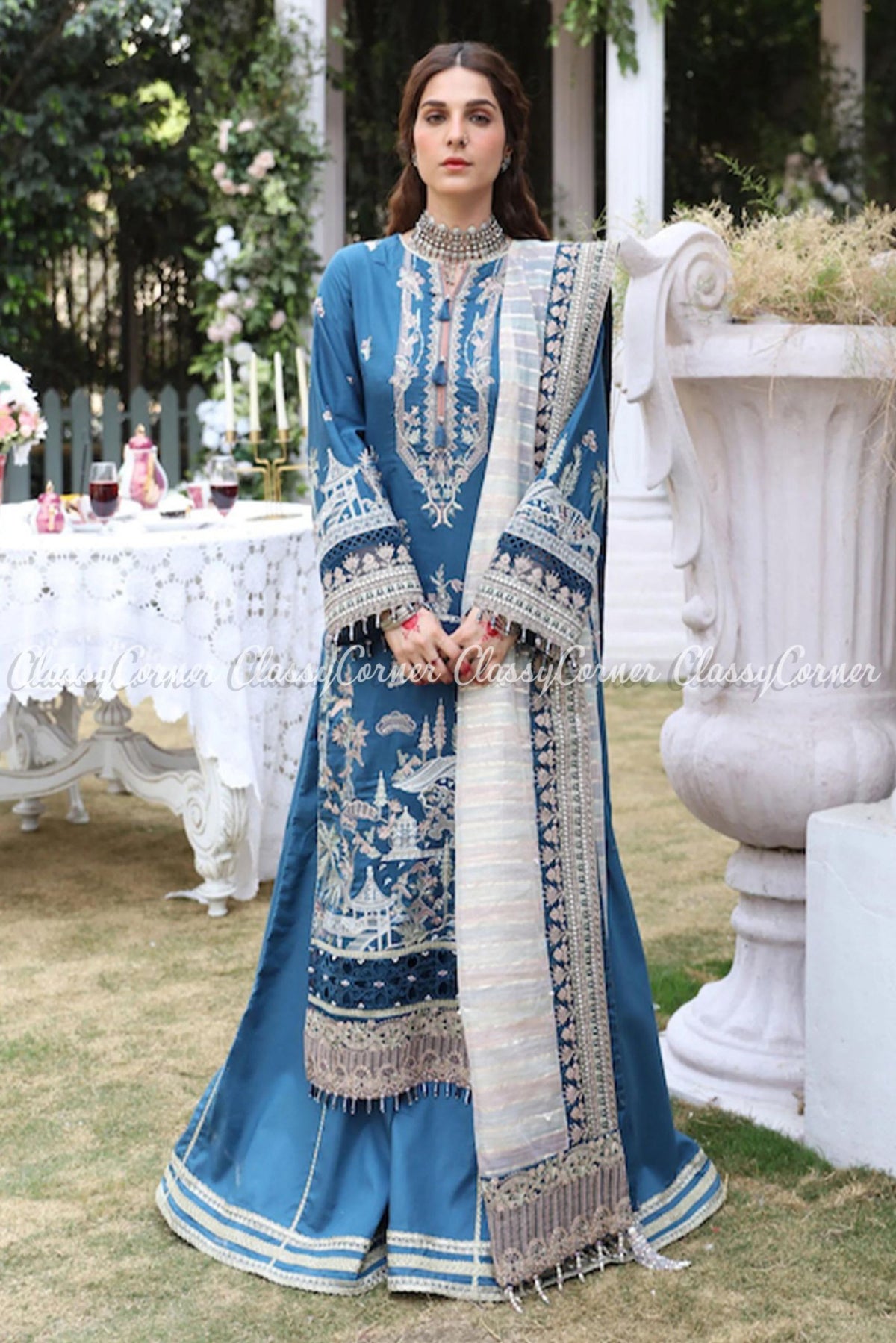 Teal Blue White Lawn Embroidered Sharara Dress