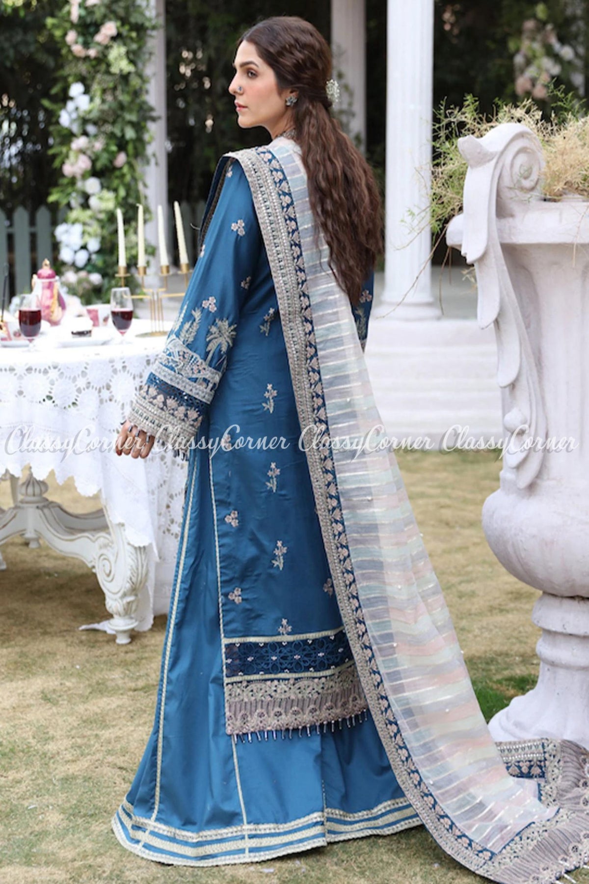 Teal Blue White Lawn Embroidered Sharara Dress