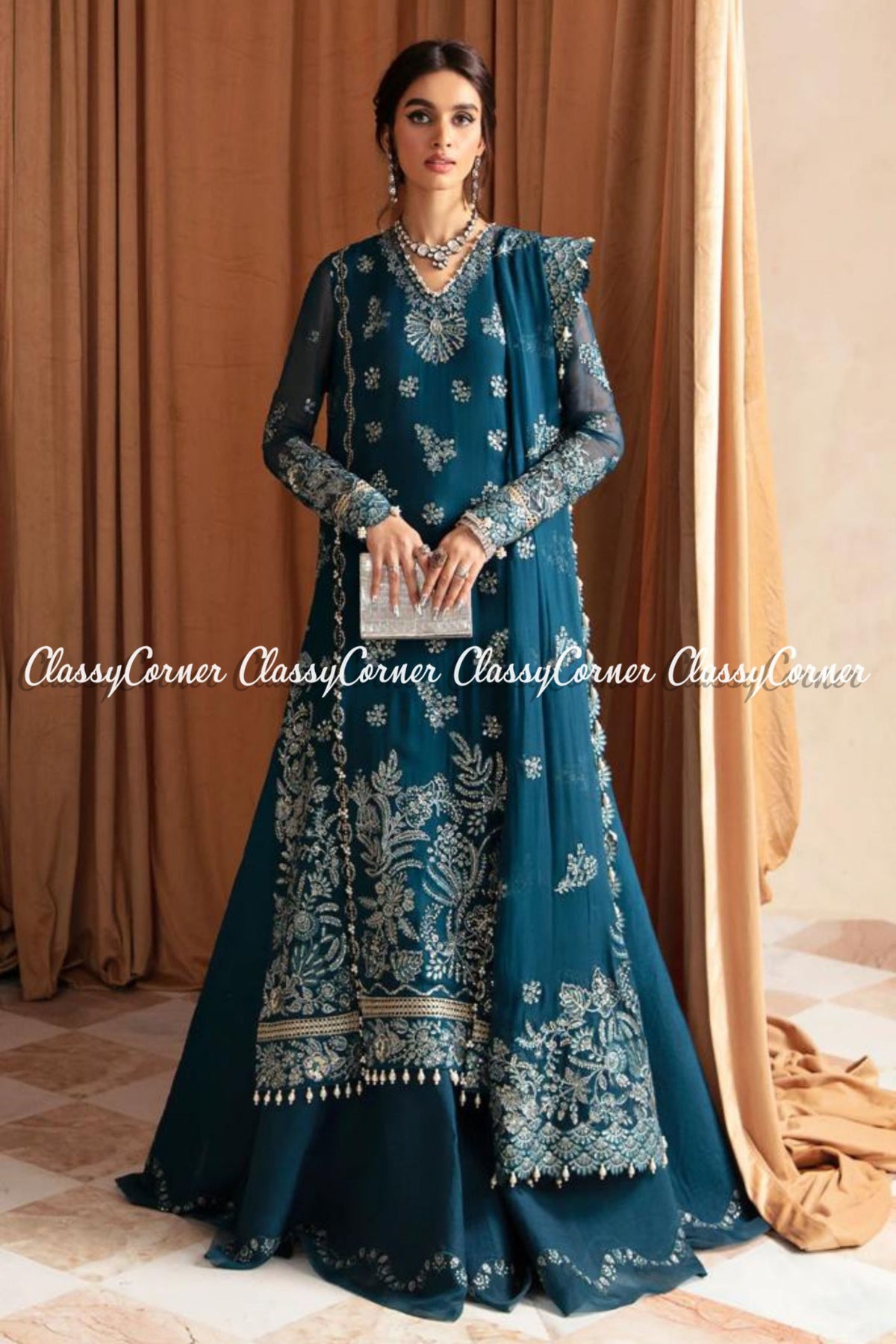 Elegant Teal Blue Golden Chiffon Embroidered Sharara Outfit