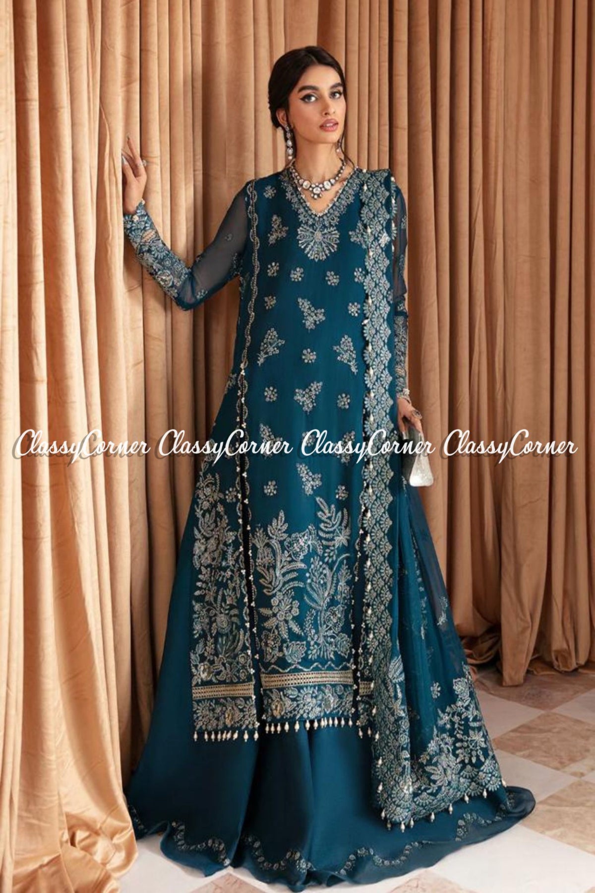 Elegant Teal Blue Golden Chiffon Embroidered Sharara Outfit