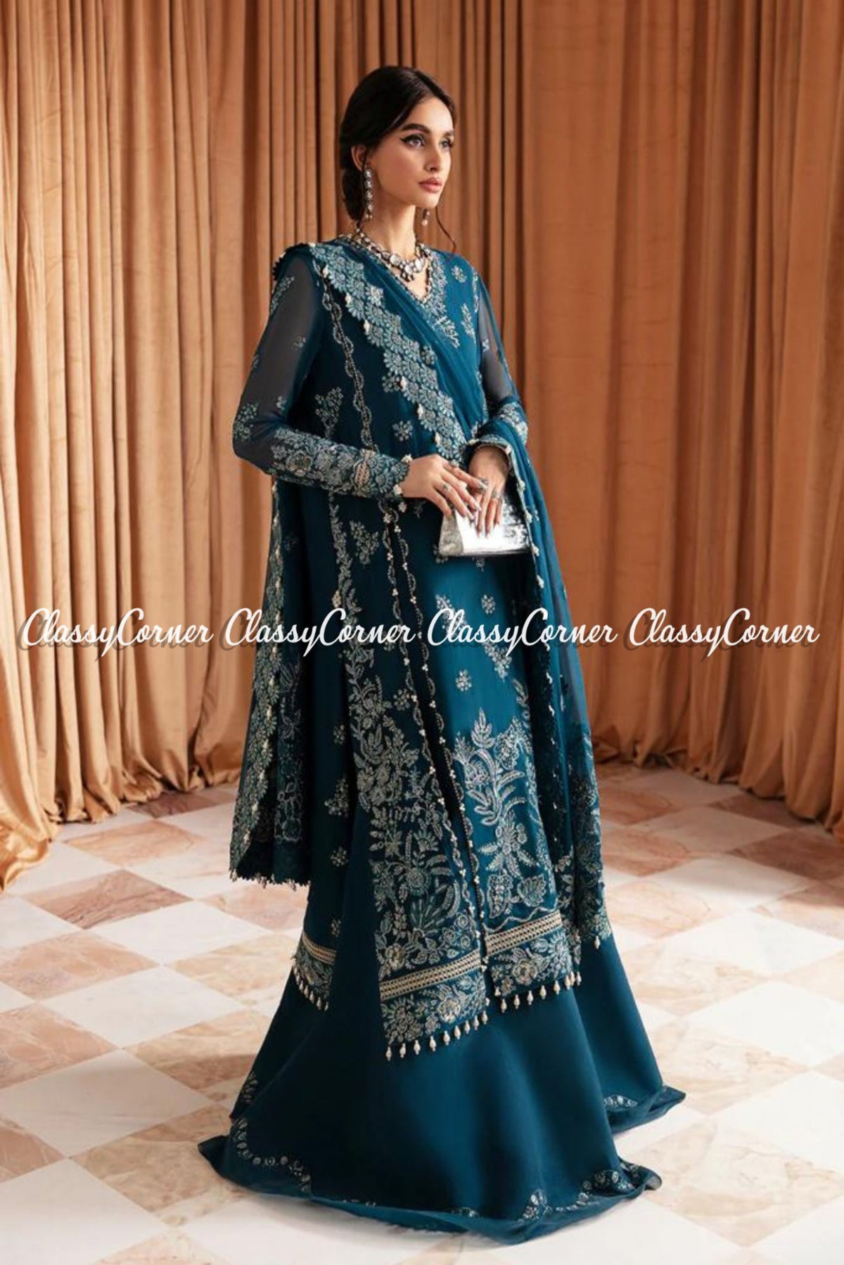 Elegant Teal Blue Golden Chiffon Embroidered Sharara Outfit