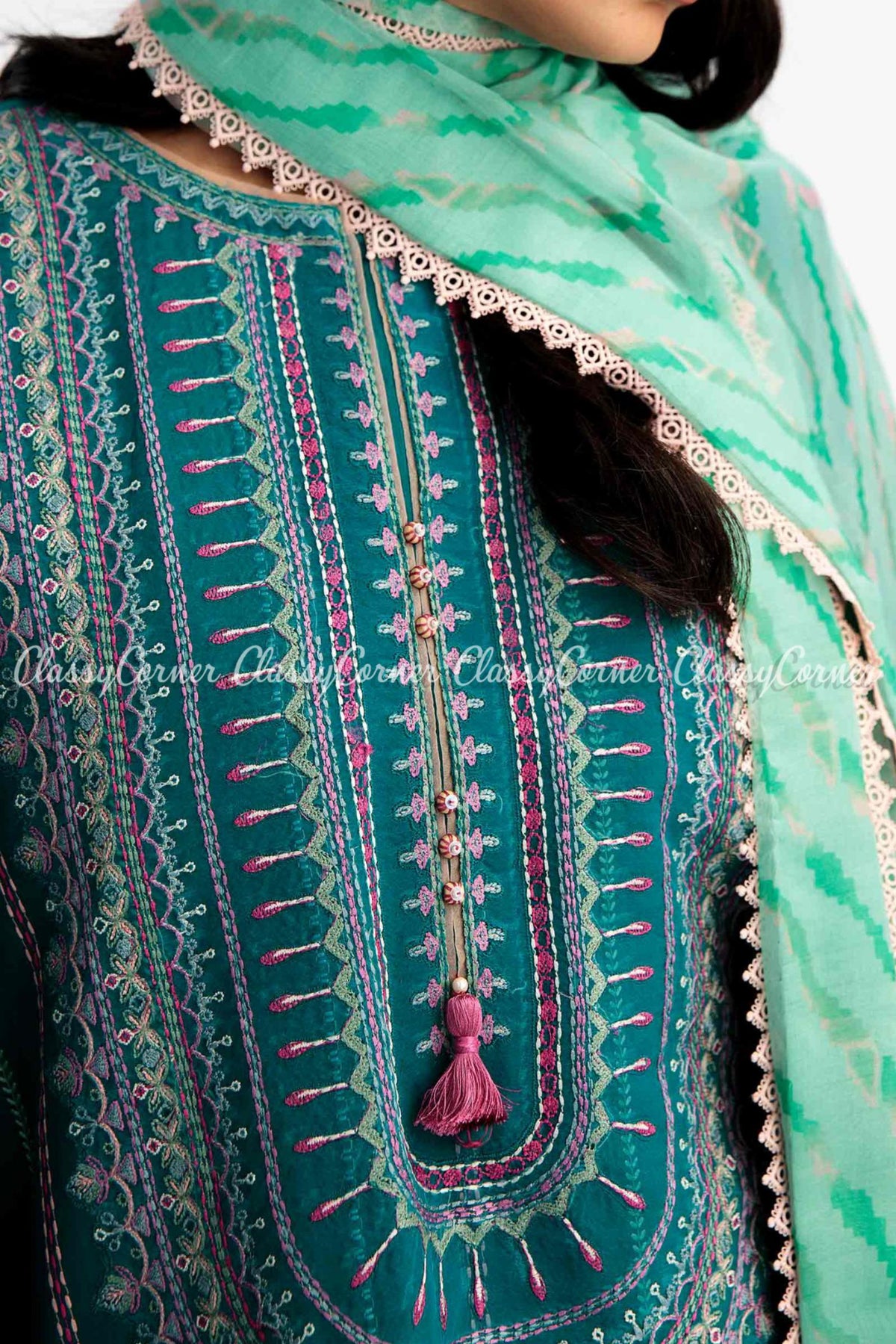 Teal Blue Embroidered Lawn Formal Wear Salwar Kameez