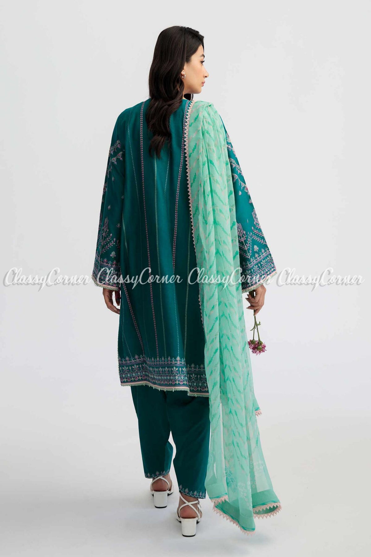 Teal Blue Embroidered Lawn Formal Wear Salwar Kameez