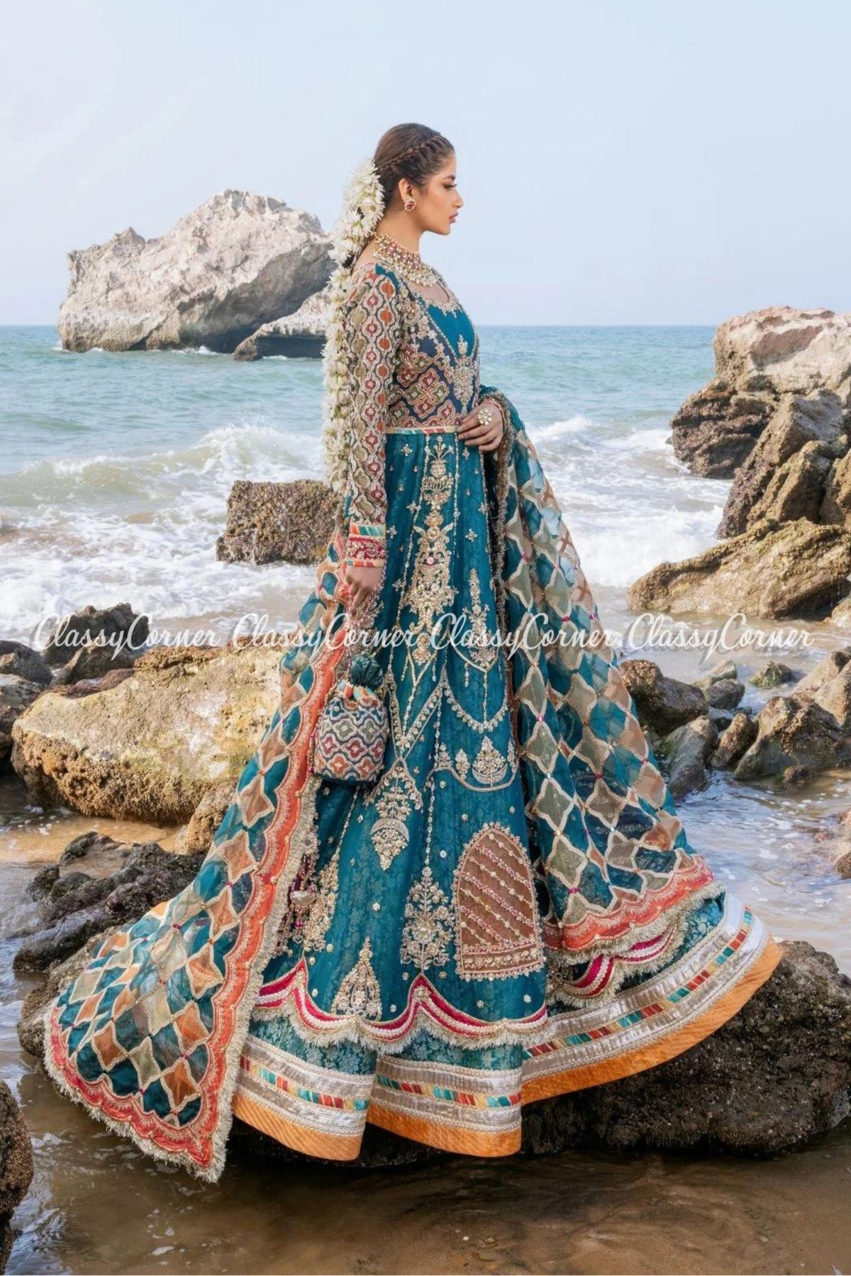 Teal Multi Chiffon Embellished Bridal Wear Gown