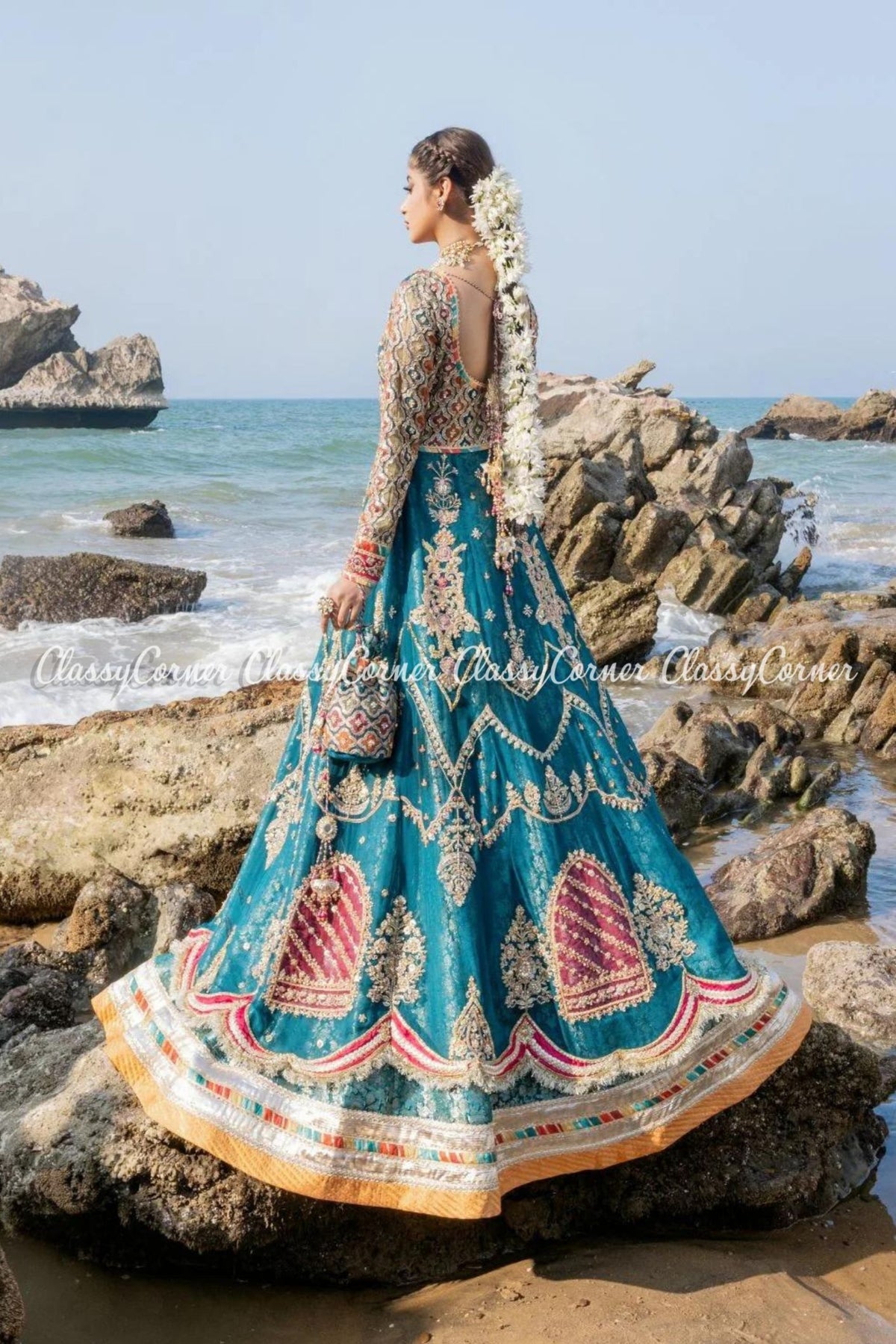 Teal Multi Chiffon Embellished Bridal Wear Gown