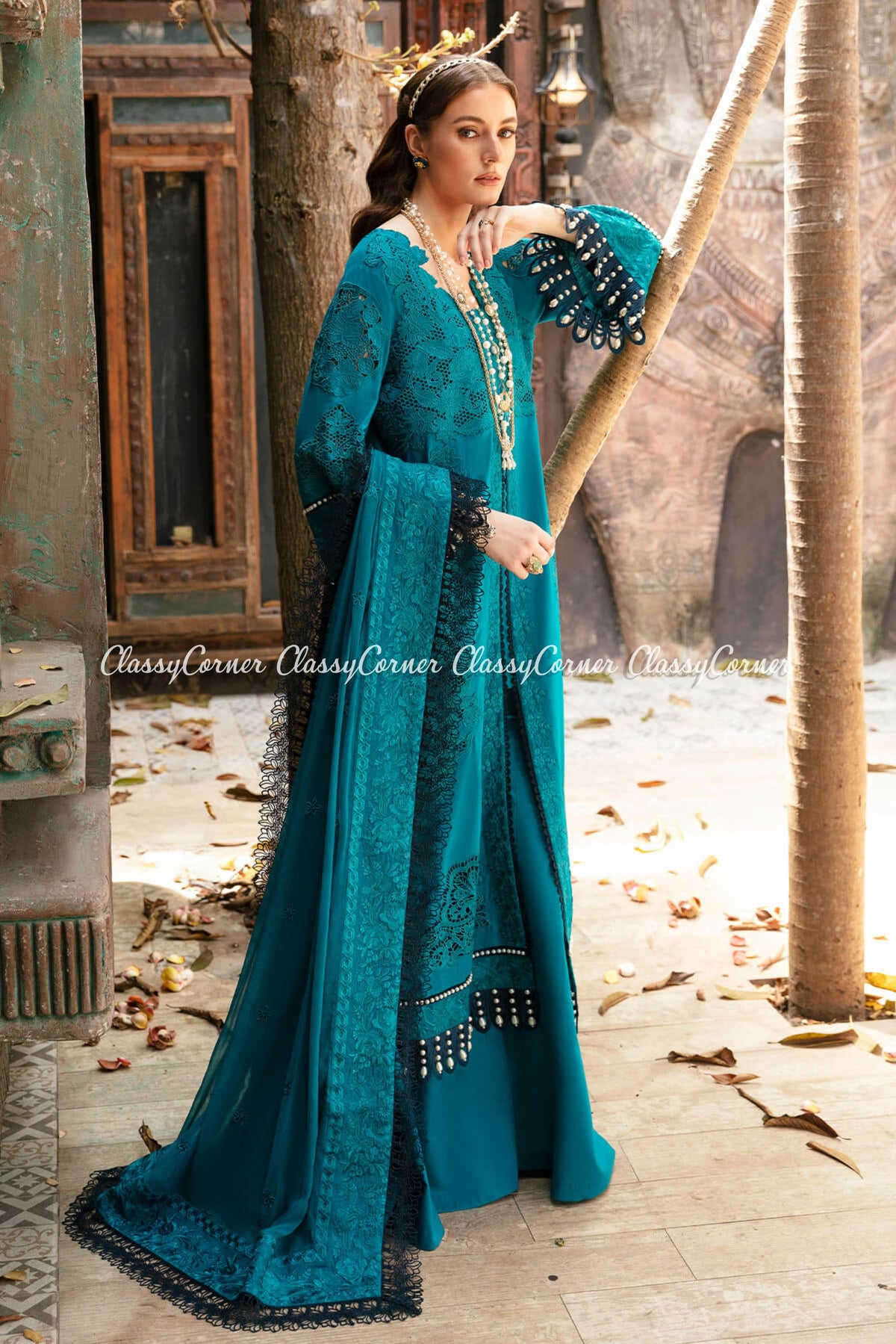 Teal Blue Lawn Embroidered Formal Wear Sharara