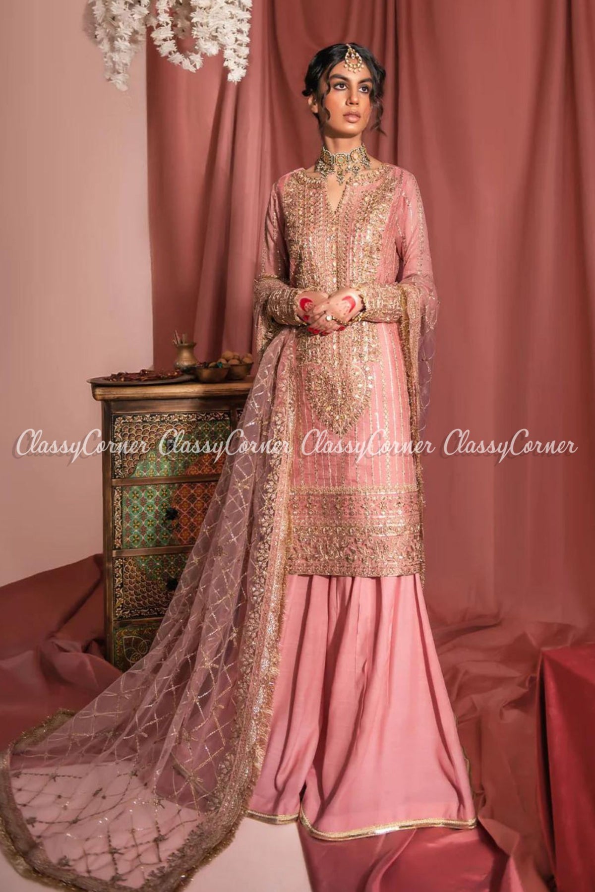 Tea Pink Golden Net Embroidered Wedding Wear Sharara