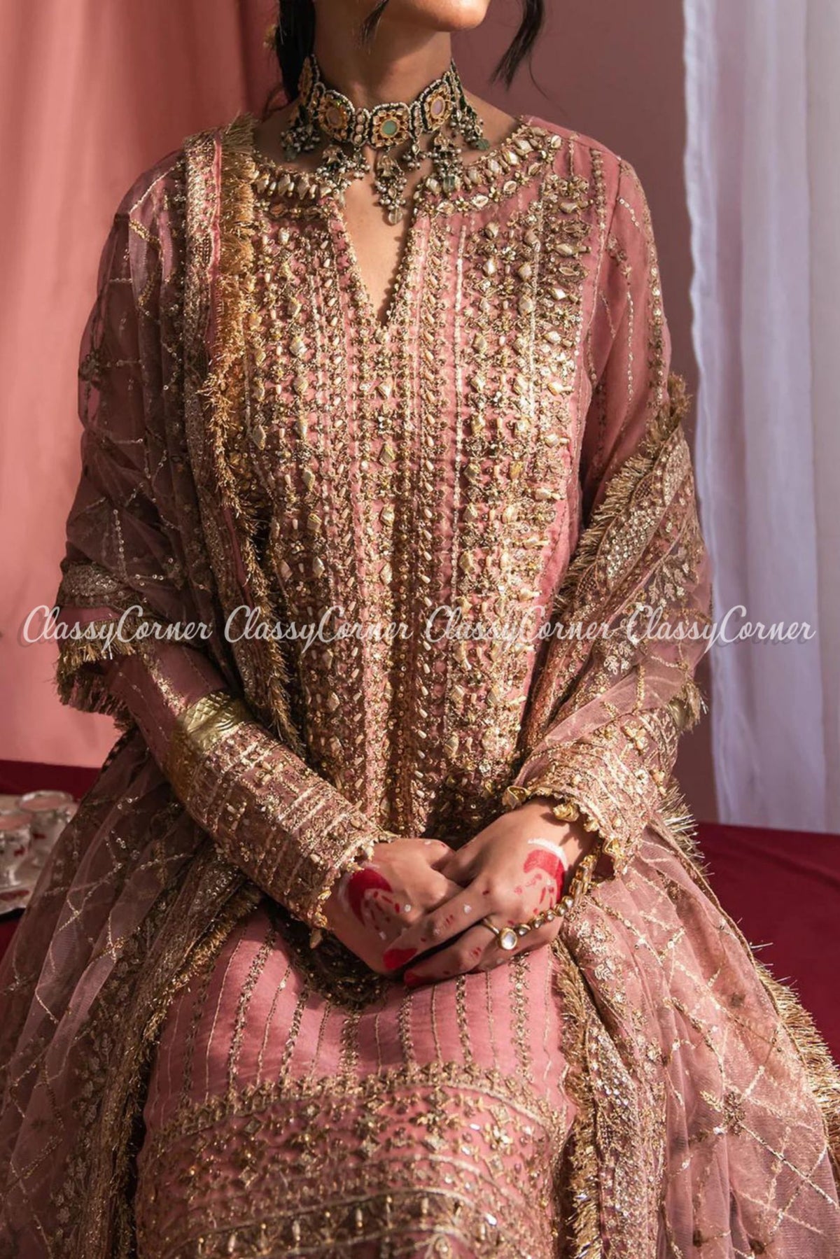 Tea Pink Golden Net Embroidered Wedding Wear Sharara