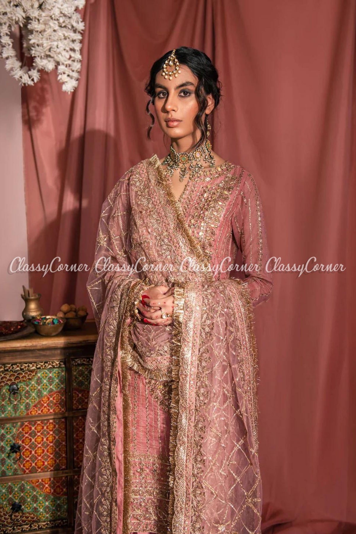 Tea Pink Golden Net Embroidered Wedding Wear Sharara