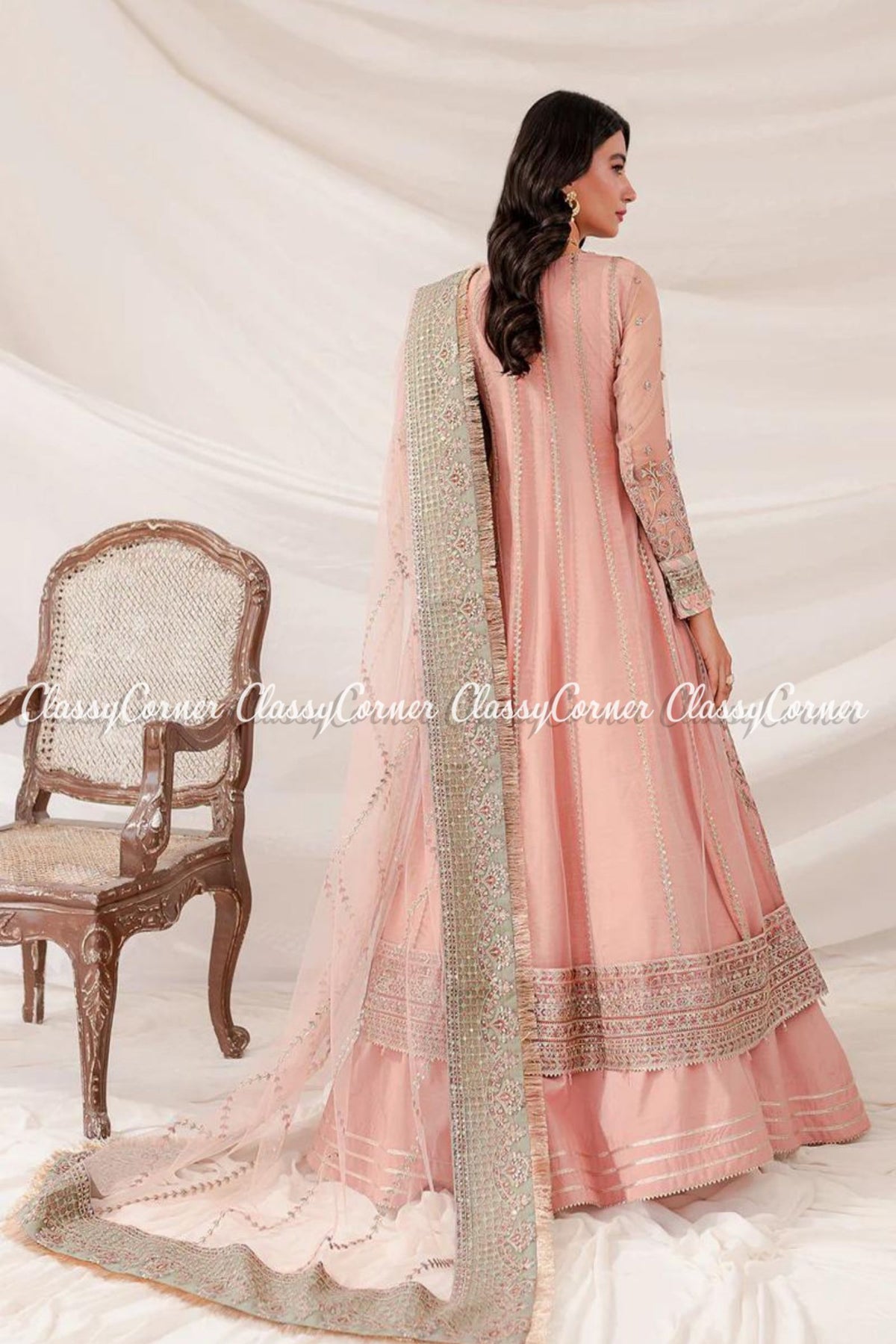 Tea Pink Net Organza Embroidered Party Wear Gown Outfit