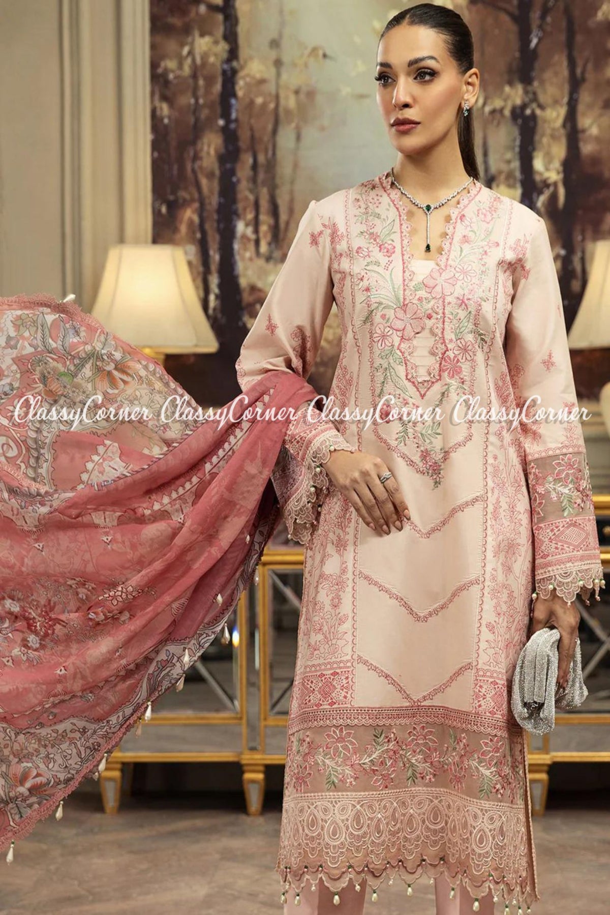 Tea Pink Multi Color Lawn Embroidered Pakistani Salwar Kameez