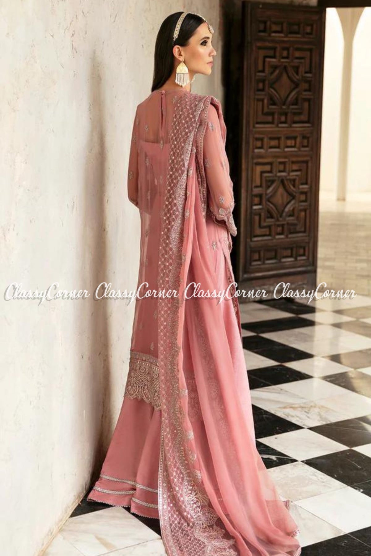 Tea Pink Silver Chiffon Embroidered Party Wear Sharara Outfit