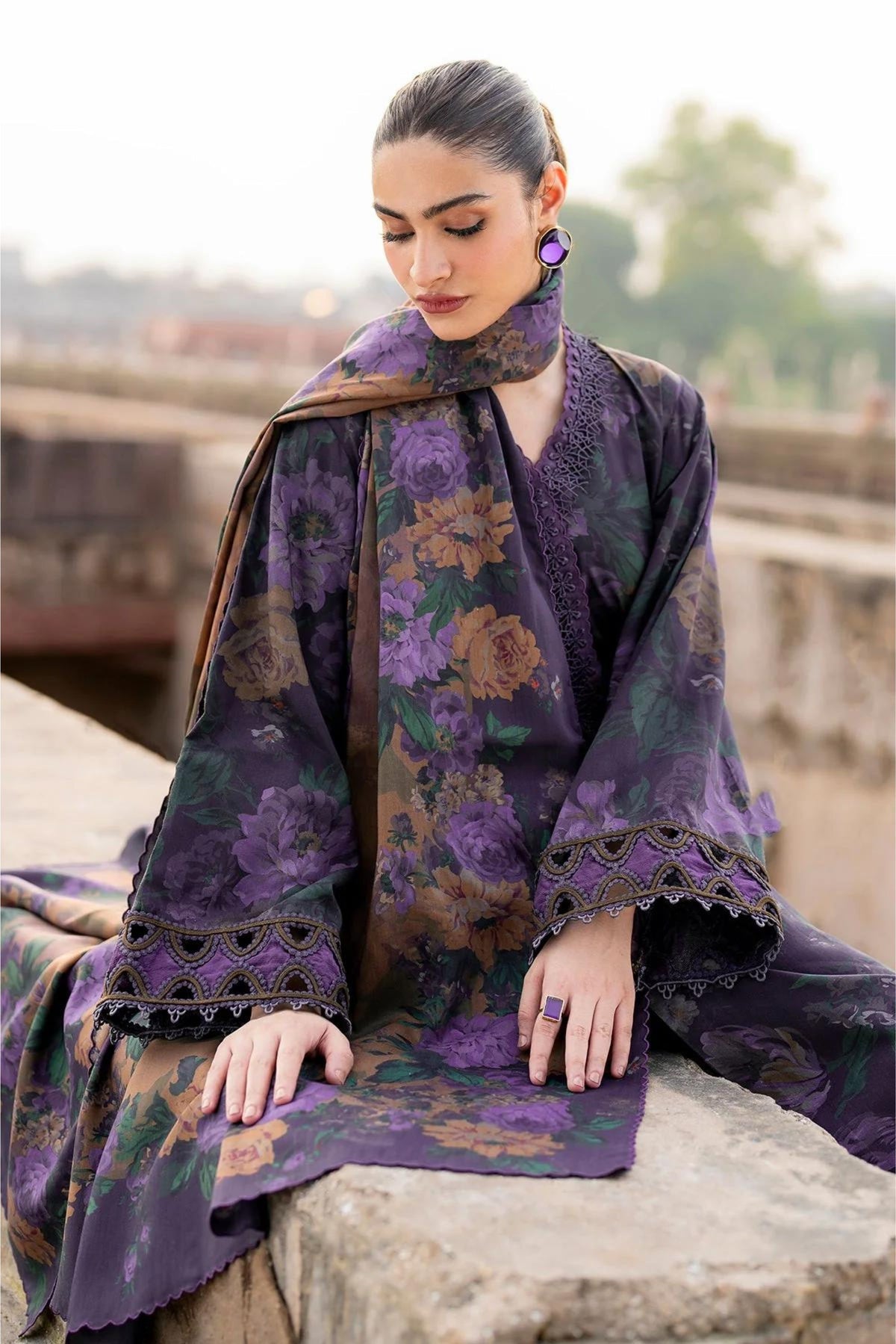 Dark Purple Printed Viscose Suit