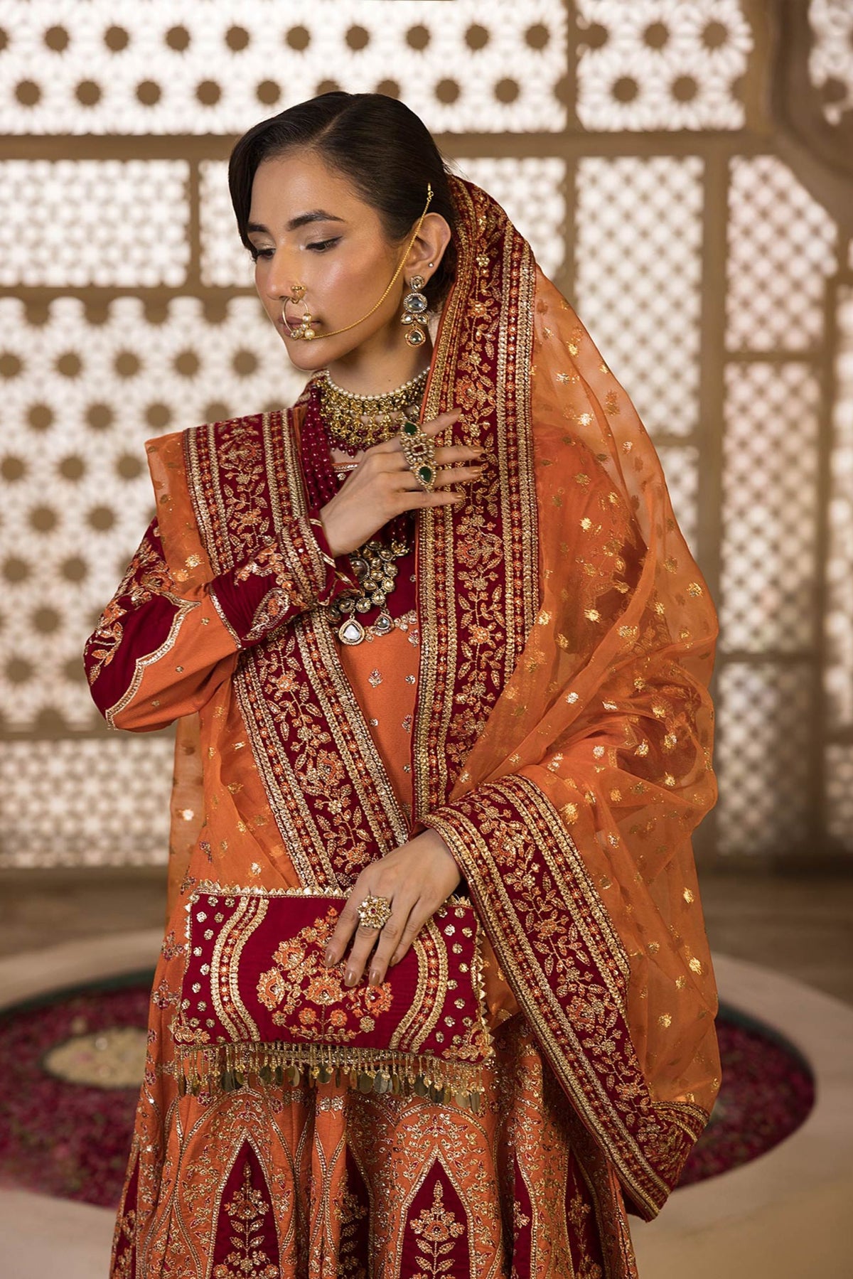 Orange Katan Wedding Wear Gown